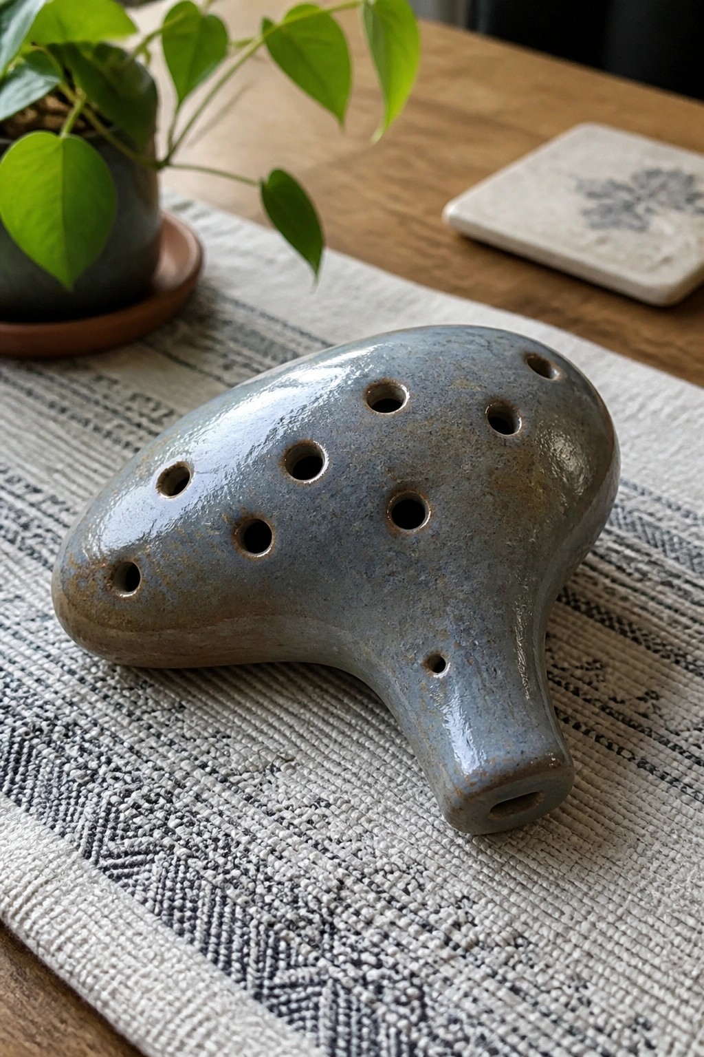Blue ceramic ocarina with finger holes on woven runner beside potted plant