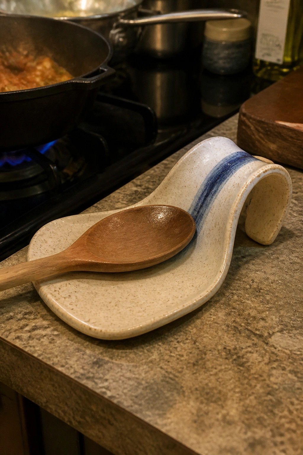 Wooden spoon on speckled ceramic rest beside cast iron skillet on gas stove
