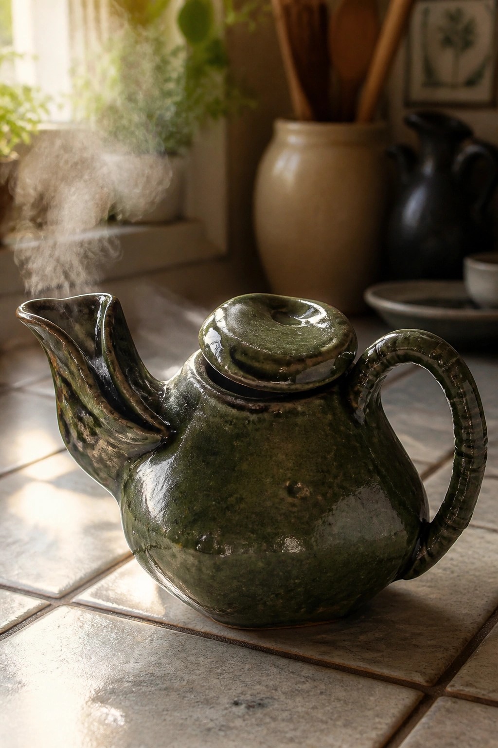 Green ceramic teapot with steam coming from the spout on a tiled counter.