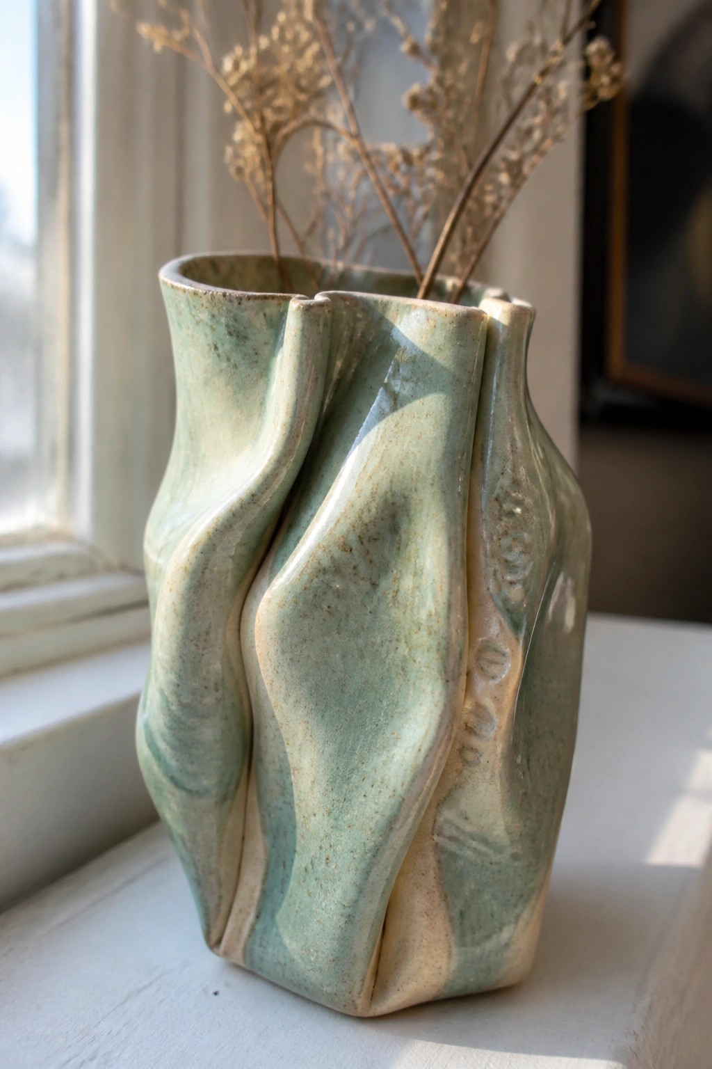 A light green ceramic vase with a wavy folded shape holding dried flowers on a windowsill.