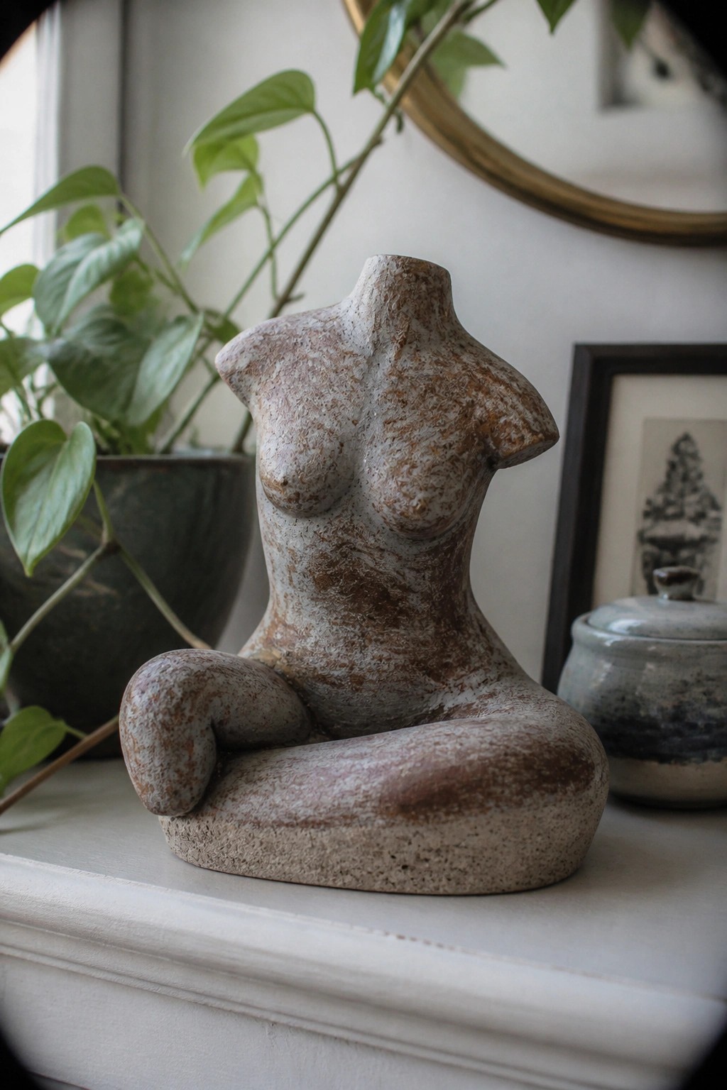 A clay sculpture of a female torso without head or arms, seated with legs folded, placed on a white surface beside a potted plant and a framed picture.
