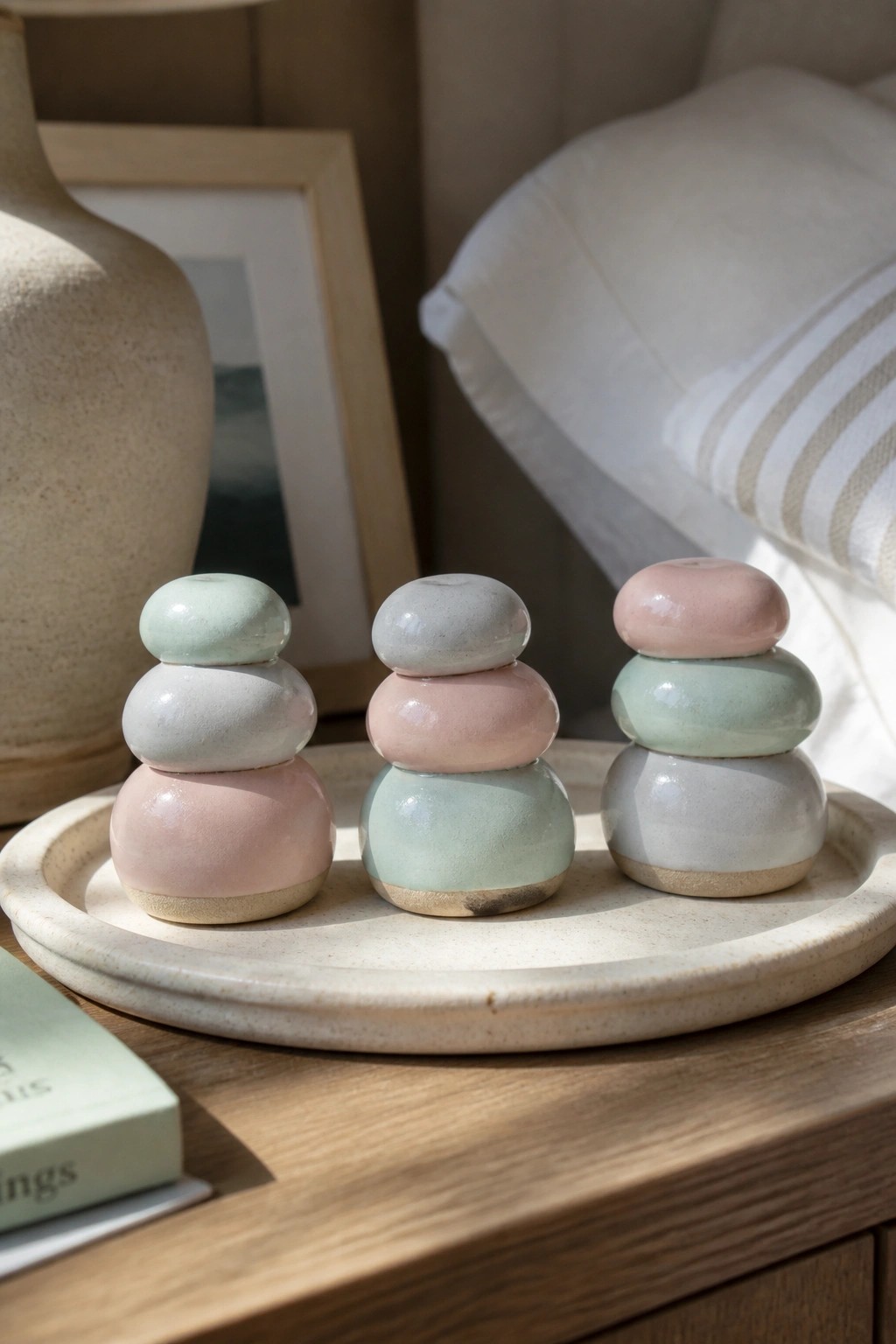 Three pastel stacked ceramic forms on a round tray atop wood.