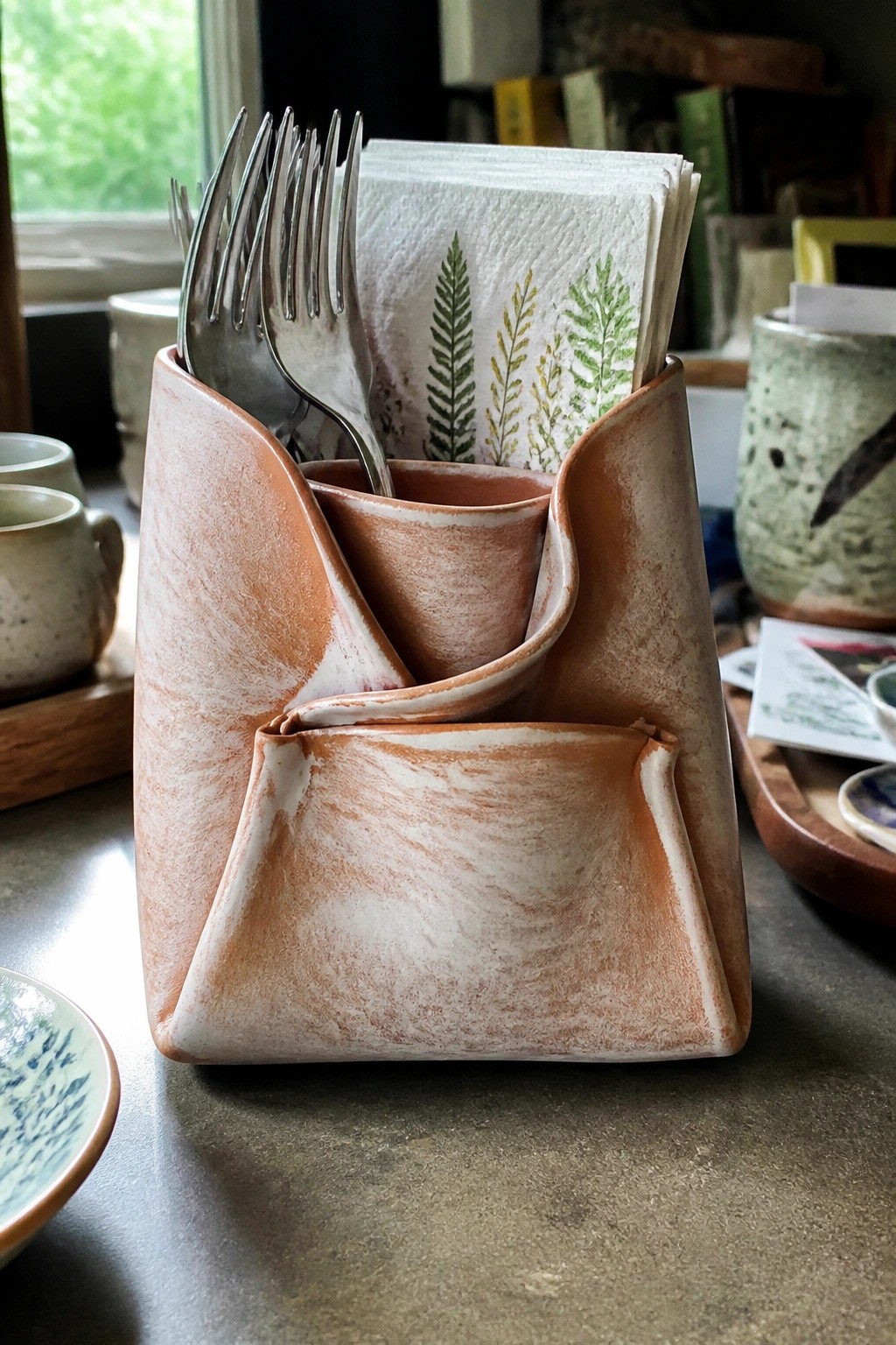 Rustic terracotta ceramic caddy holding forks and fern-printed napkins