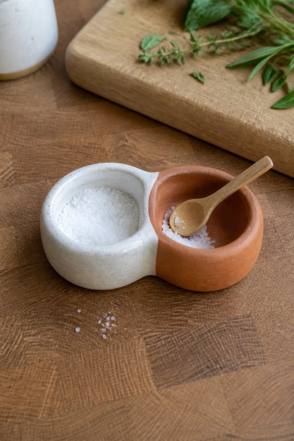 Two-toned ceramic salt bowl with white and terracotta sections, wooden spoon, and fresh herbs nearby.