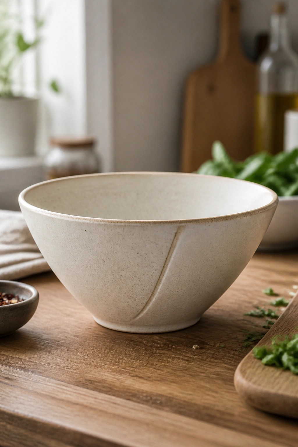 Large beige ceramic bowl on wooden kitchen table with fresh herbs nearby