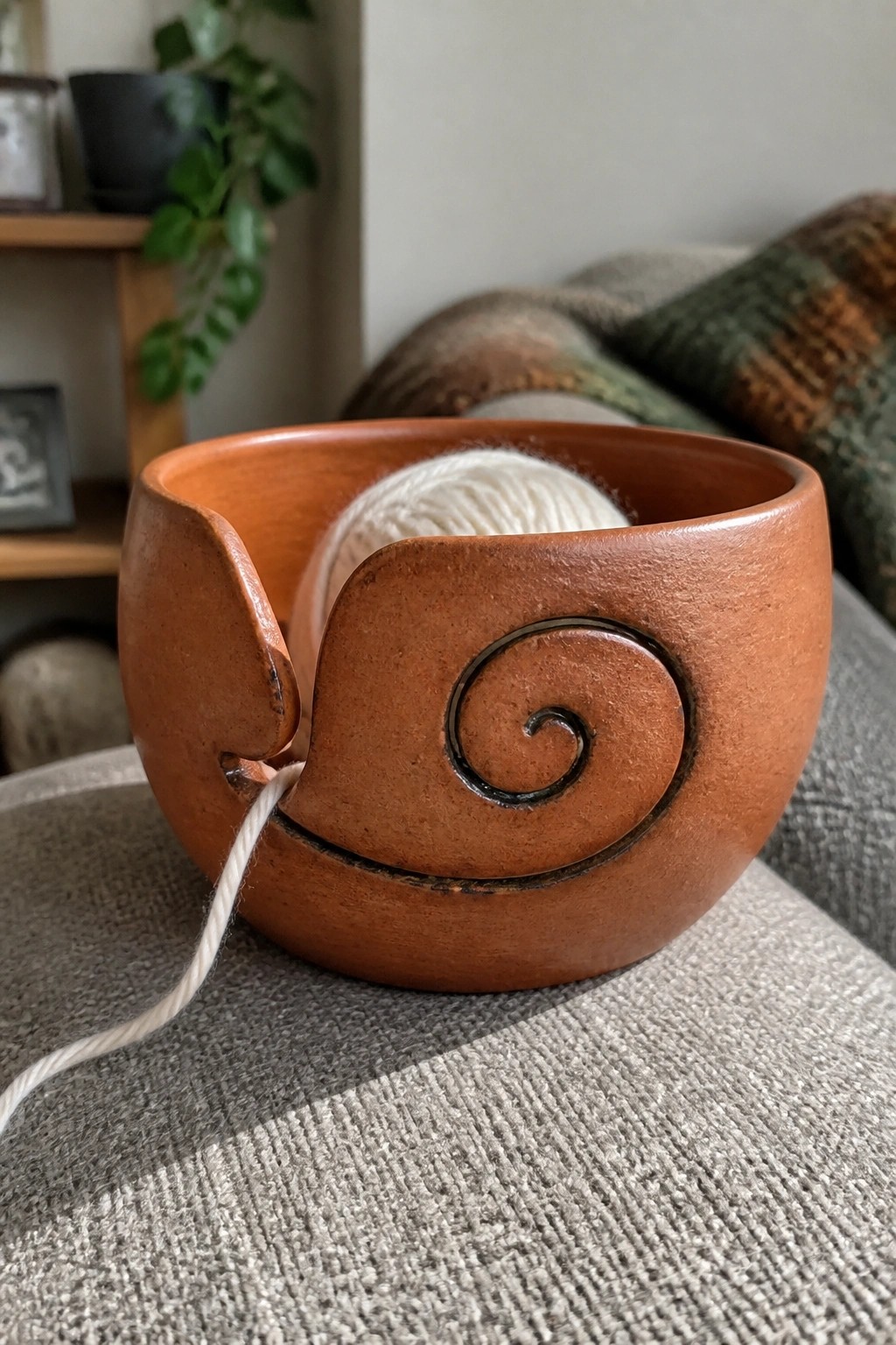 Terracotta yarn bowl with spiral carving holding white yarn on gray couch