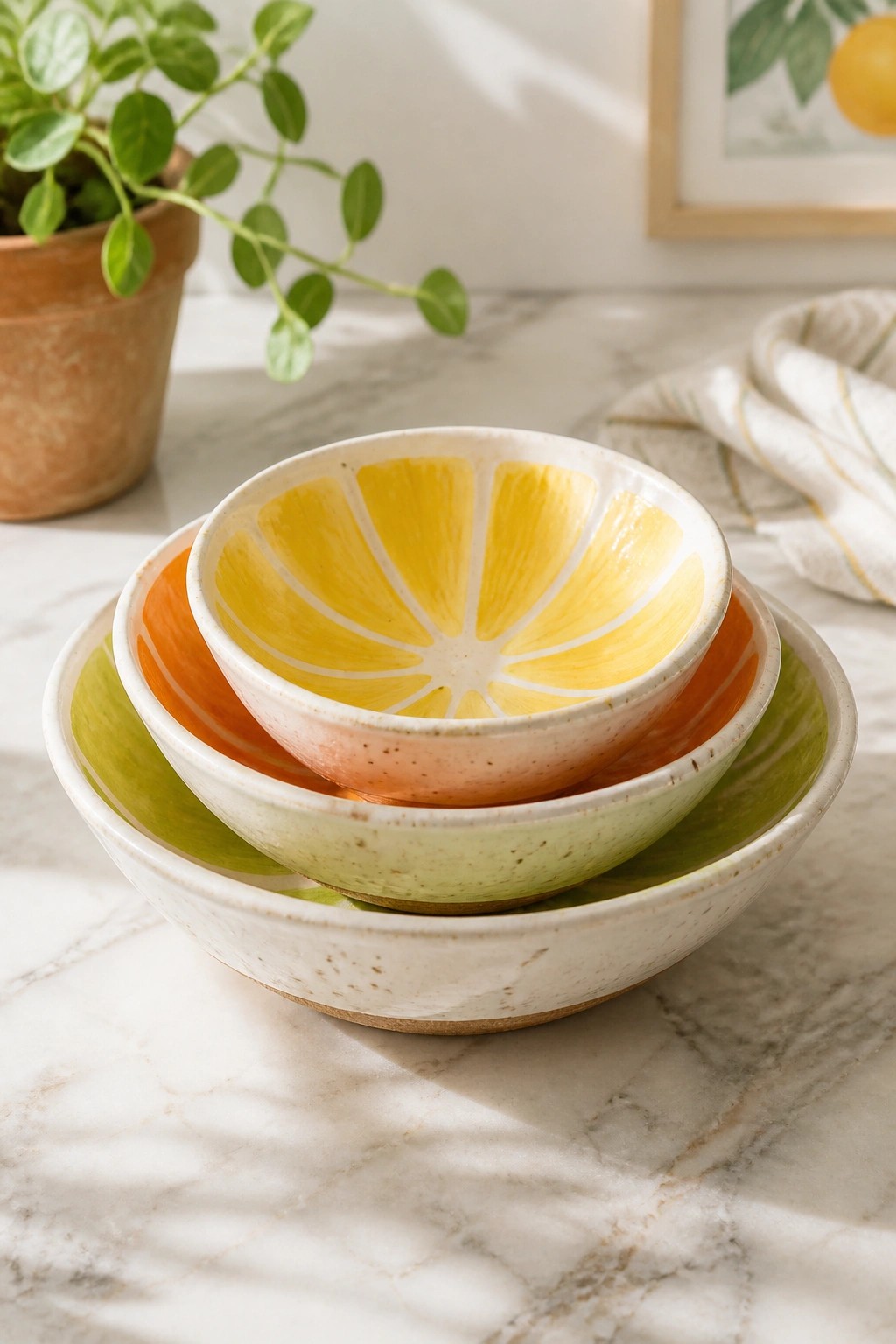 Stacked yellow, orange, and green ceramic bowls with citrus designs on marble.