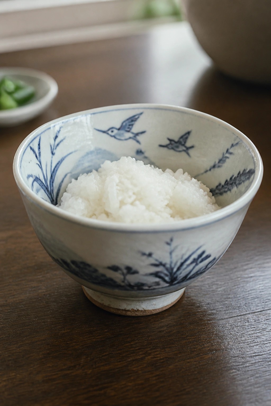 White rice in a blue and white bird-patterned ceramic bowl on dark wood.