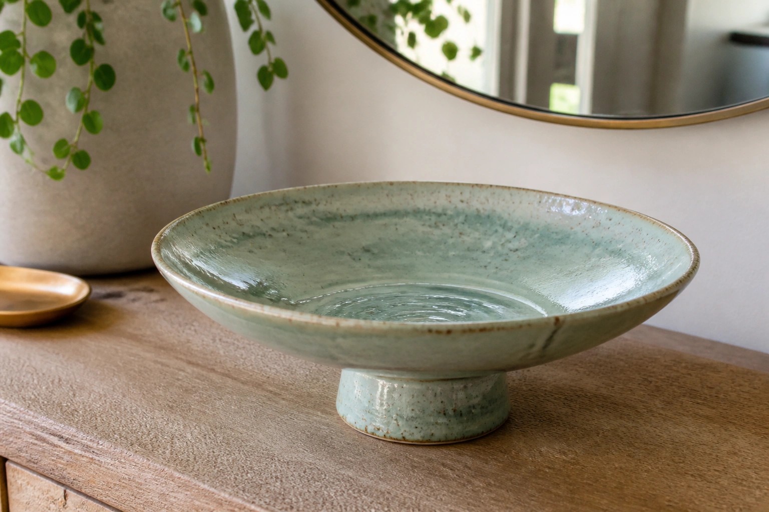 Mint green speckled ceramic pedestal bowl on dark wooden table