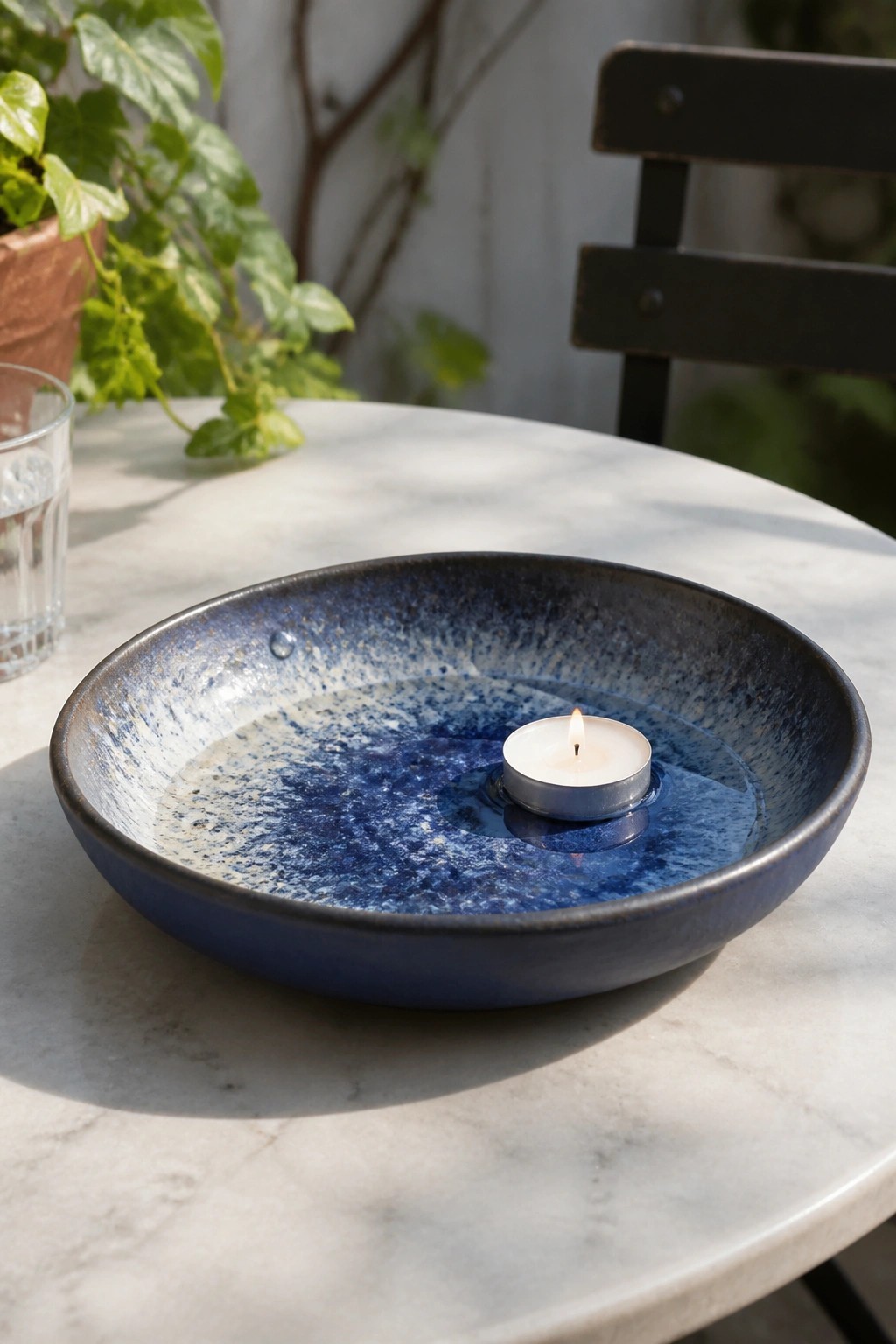 Blue speckled bowl with water and floating lit candle on marble table