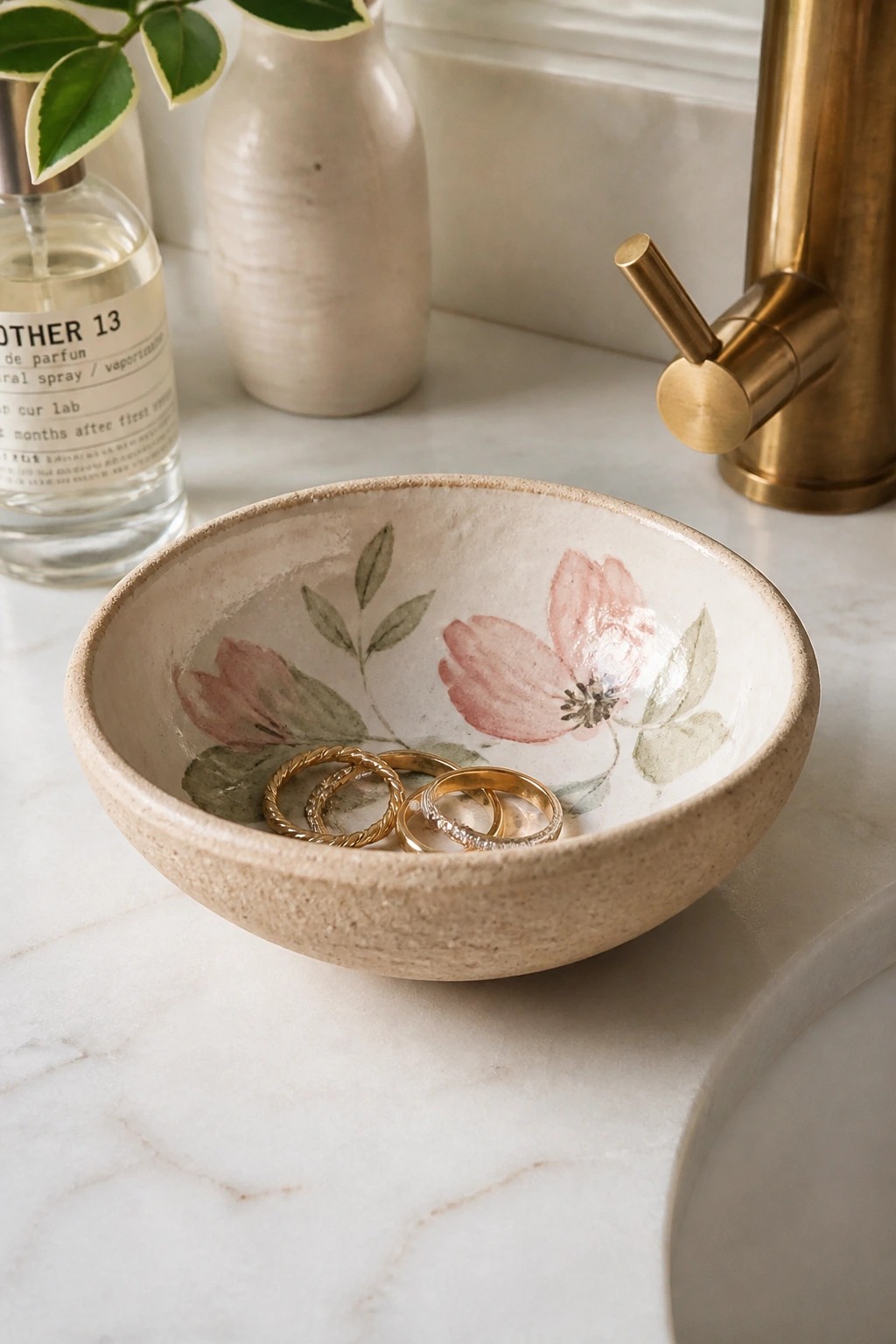 Speckled floral bowl holding gold rings on marble countertop near brass faucet