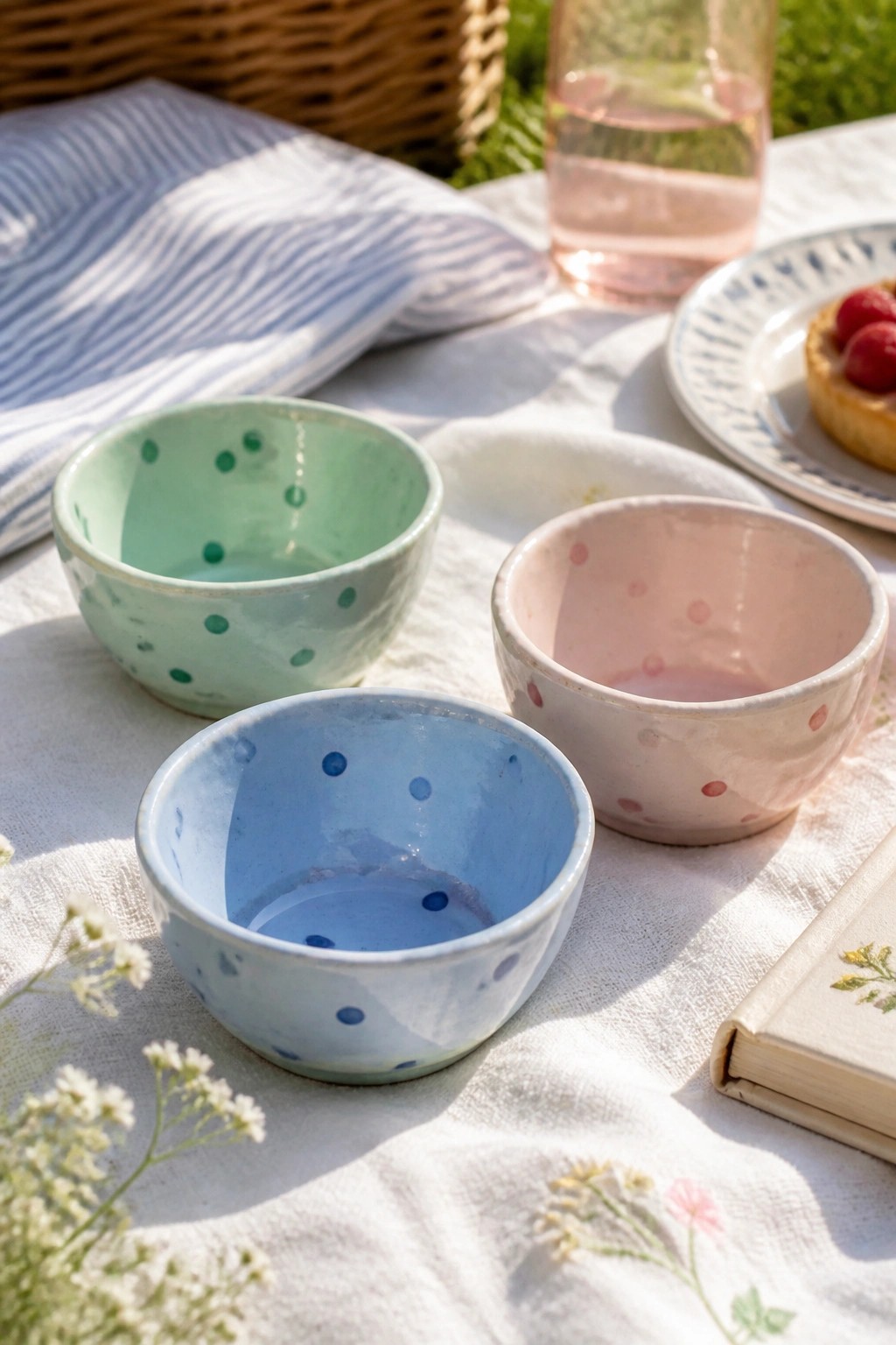 Three polka-dotted bowls on white picnic cloth with tart and flowers