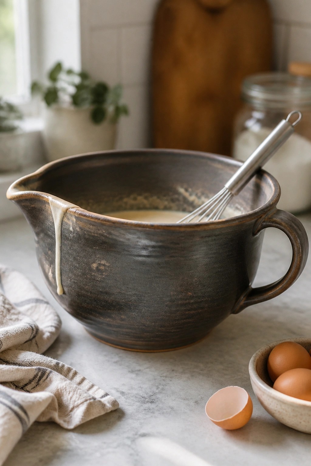 A large dark ceramic mixing bowl with a spout and handle sits on a marble counter with a metal whisk inside and eggs nearby.