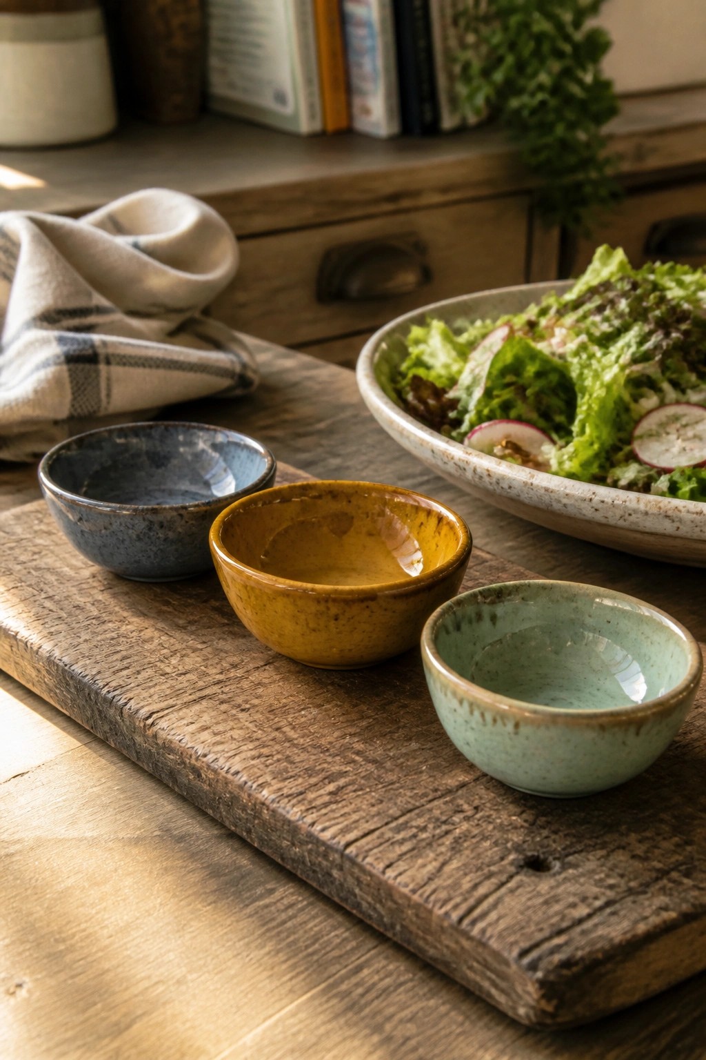 Three colorful ceramic bowls on wooden board beside salad and checkered cloth.