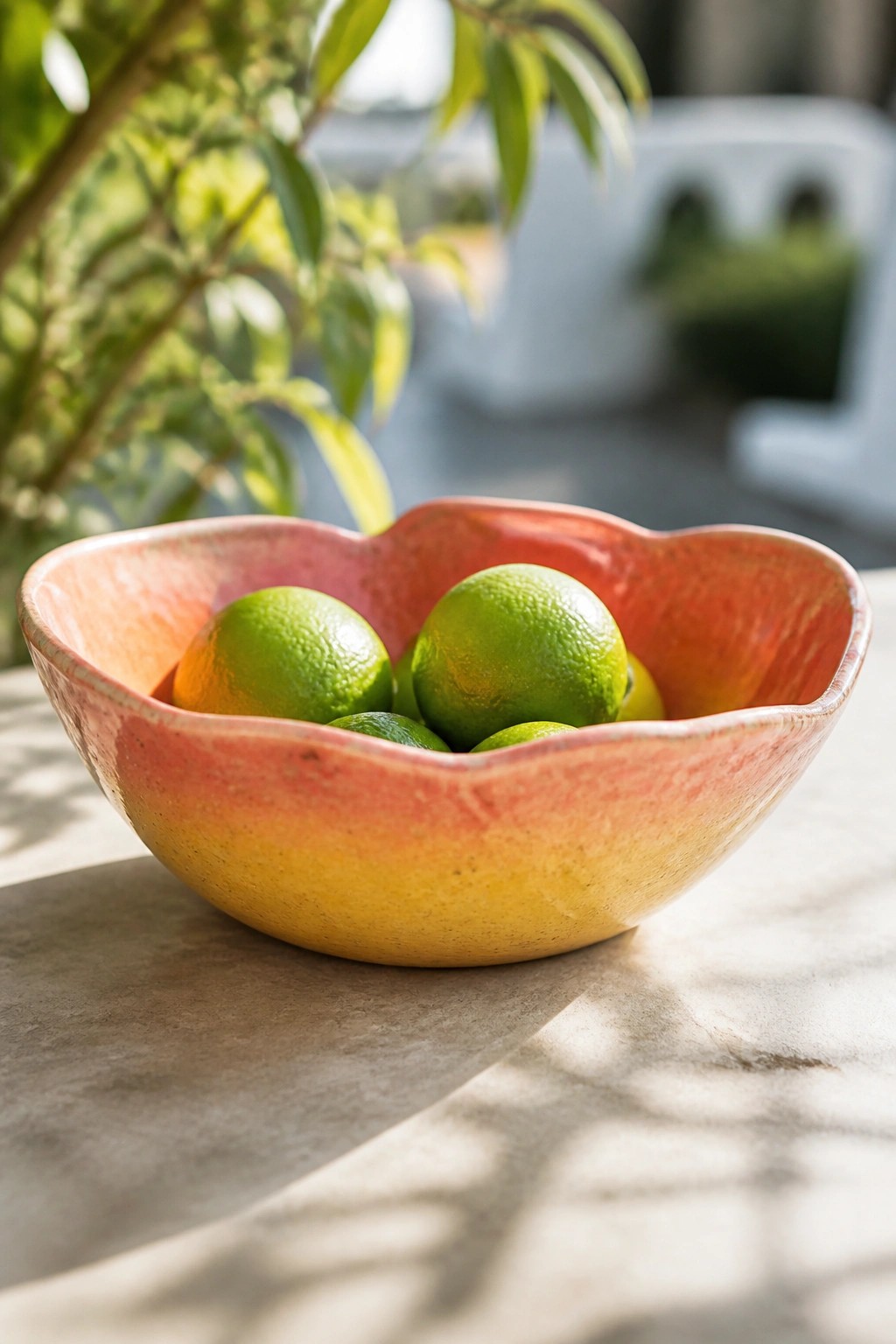 Colorful ceramic bowl with pink-to-yellow gradient holding fresh green limes on stone.