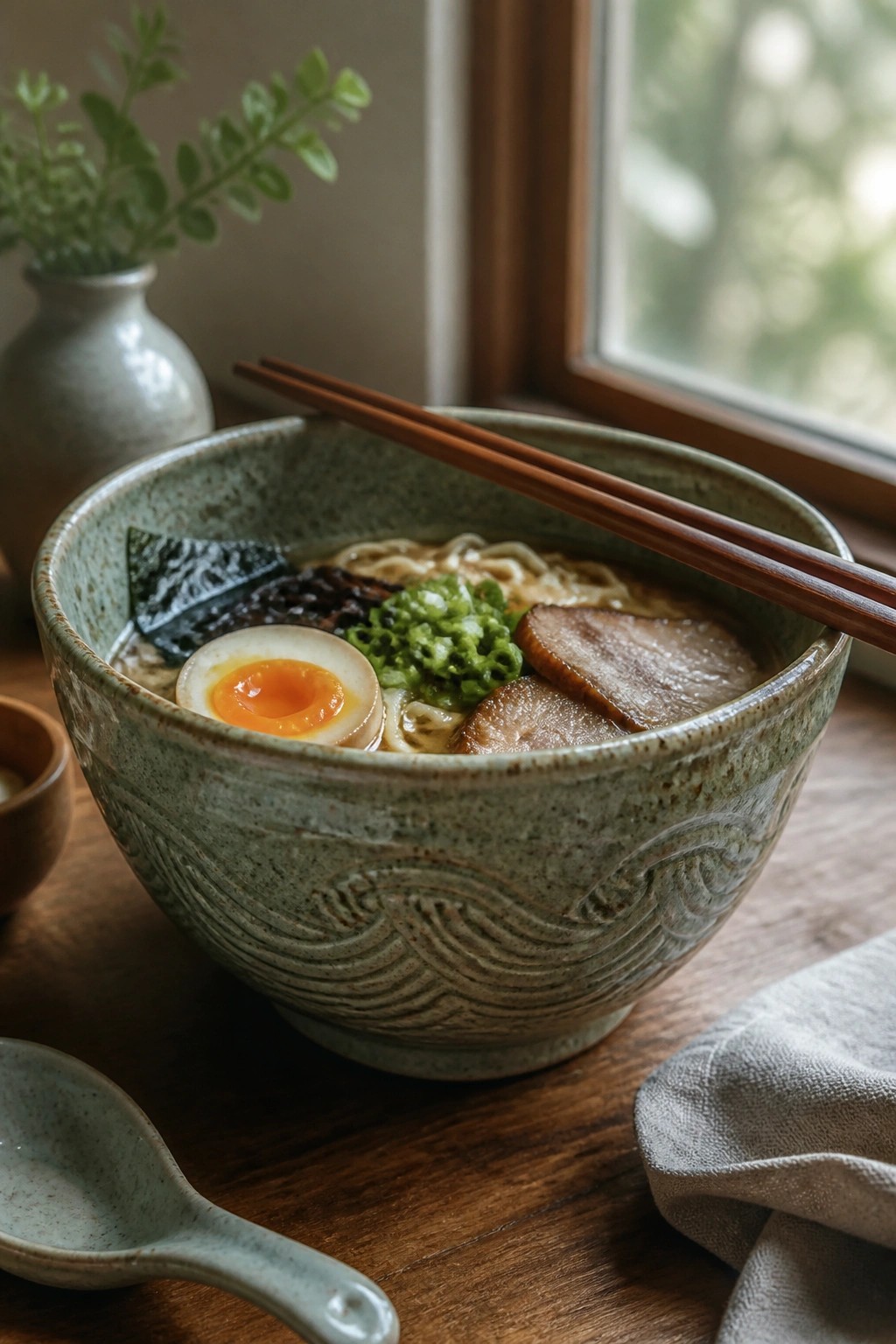 Ceramic ramen bowl with egg, pork, chopsticks on wooden table by window.