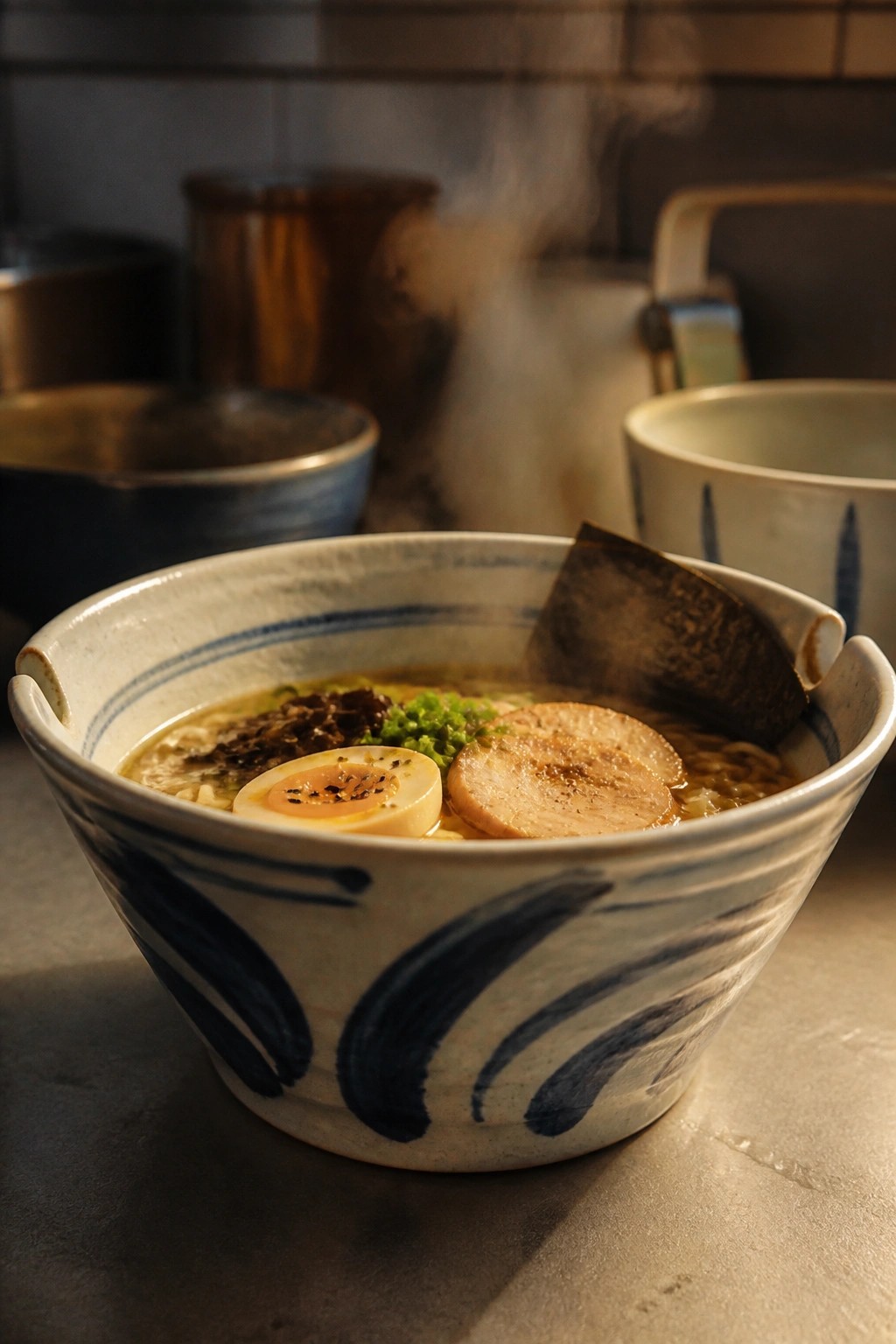 Steaming ramen in blue-patterned bowl topped with egg, pork, and seaweed