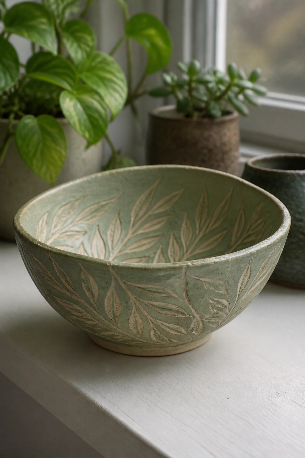 Sage green ceramic bowl with leaf patterns on windowsill near potted houseplants