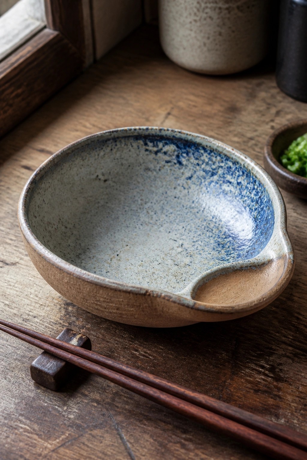 Blue-speckled ceramic bowl with side compartment on wood near chopsticks