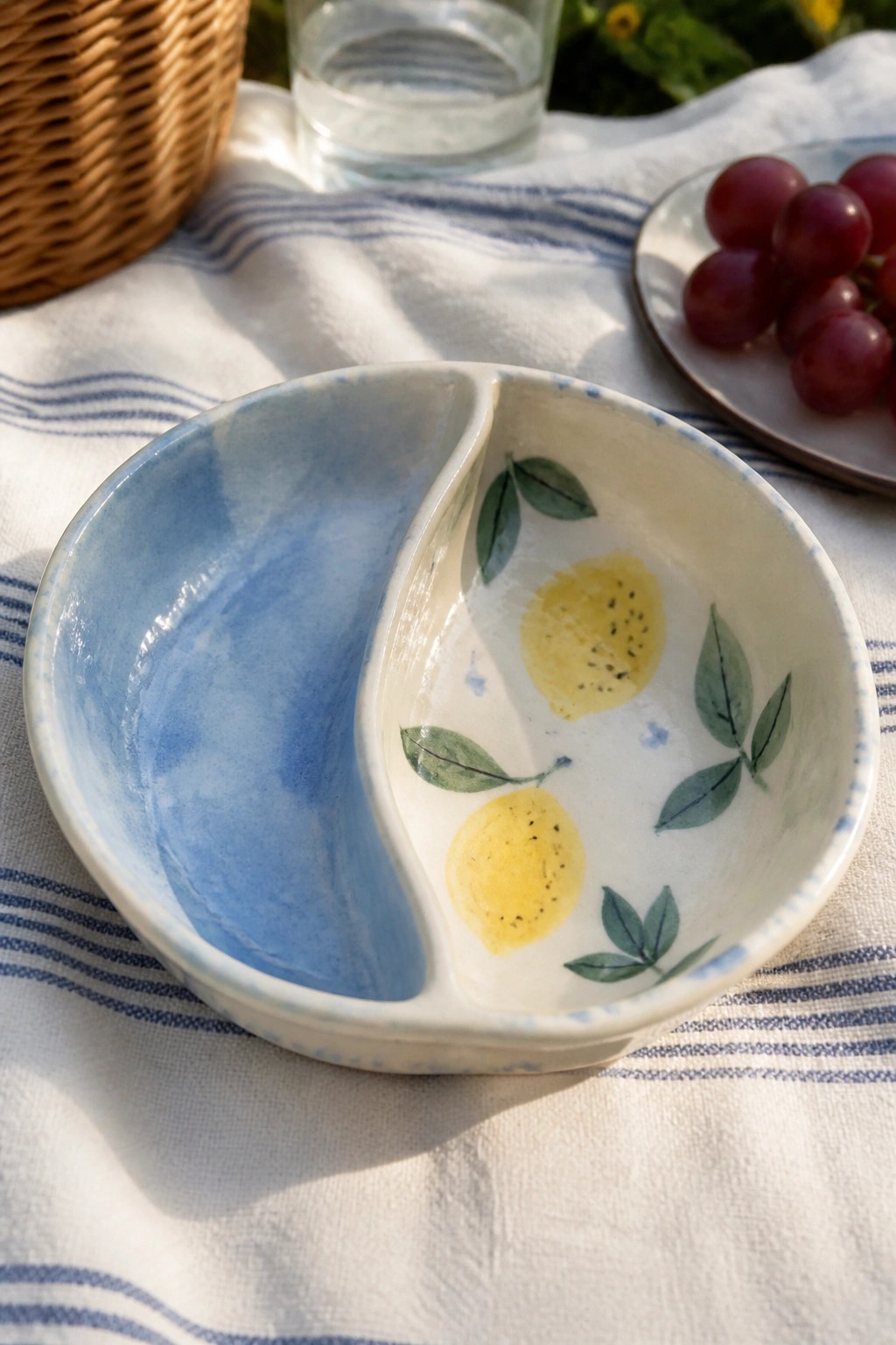 Divided ceramic bowl with blue glaze and lemon pattern on striped picnic cloth