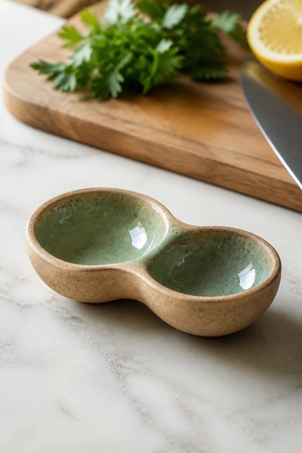 Green ceramic double bowl on marble near wooden board with herbs and lemon