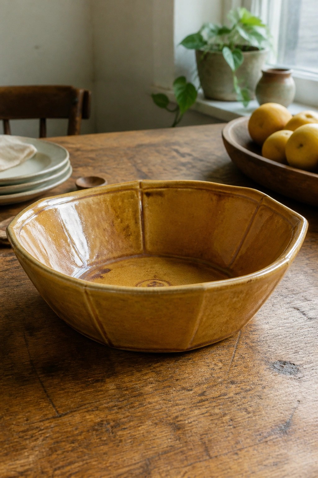 Mustard-yellow faceted ceramic bowl on rustic wooden table with apples and plants.