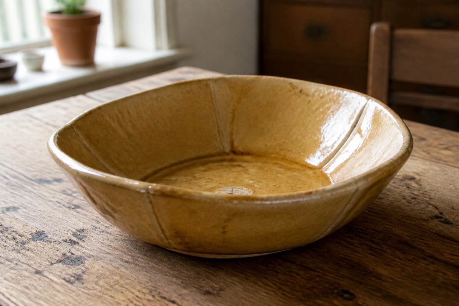 Mustard-yellow faceted ceramic bowl on rustic wooden table with apples and plants.