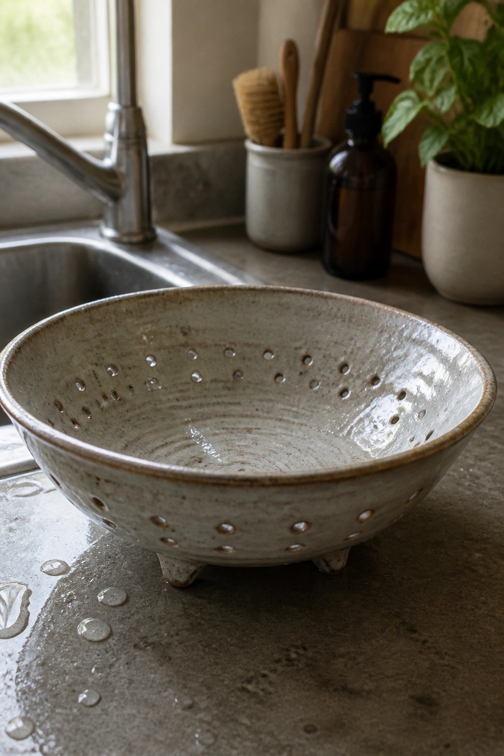 Wet ceramic colander with holes on gray countertop by kitchen sink