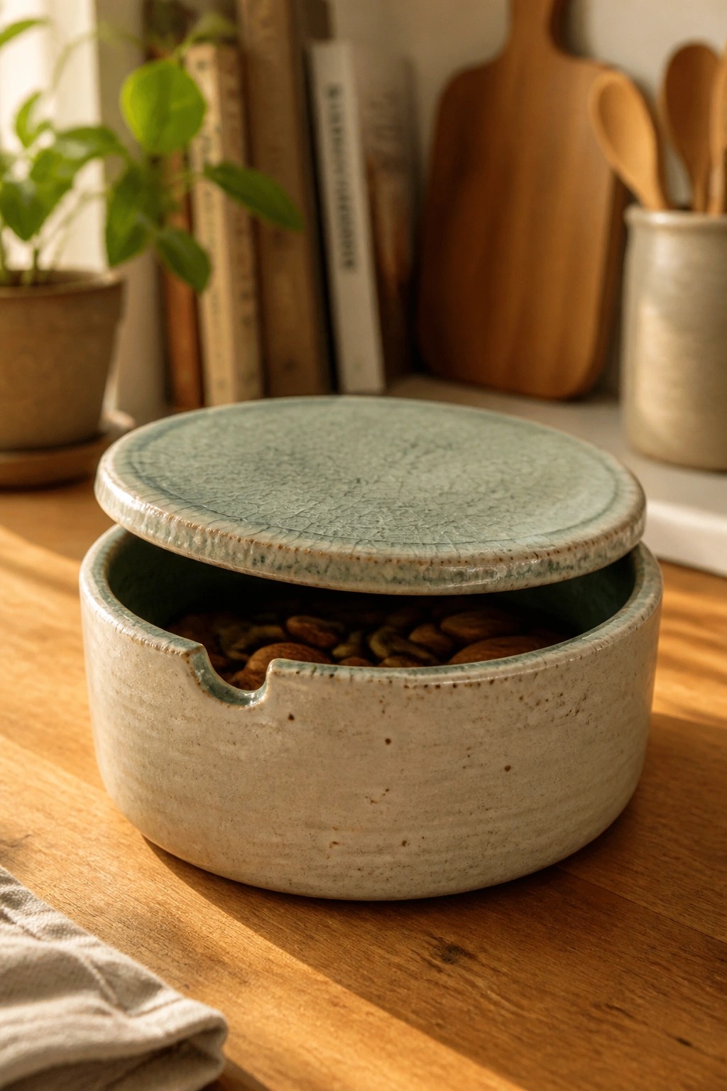 Ceramic bowl with green crackle lid holding nuts on wooden table