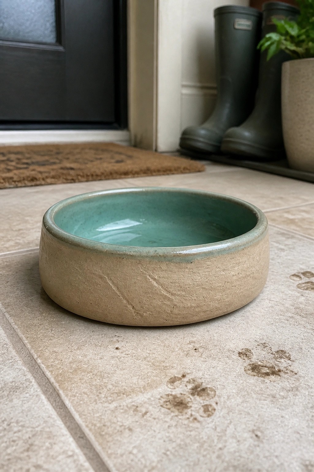Beige ceramic bowl with turquoise interior beside muddy paw prints on tiles