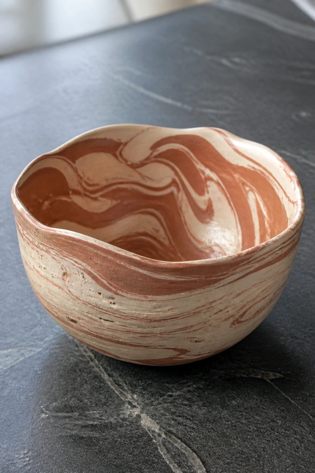 Marbled ceramic bowl with swirling brown and cream patterns on dark surface