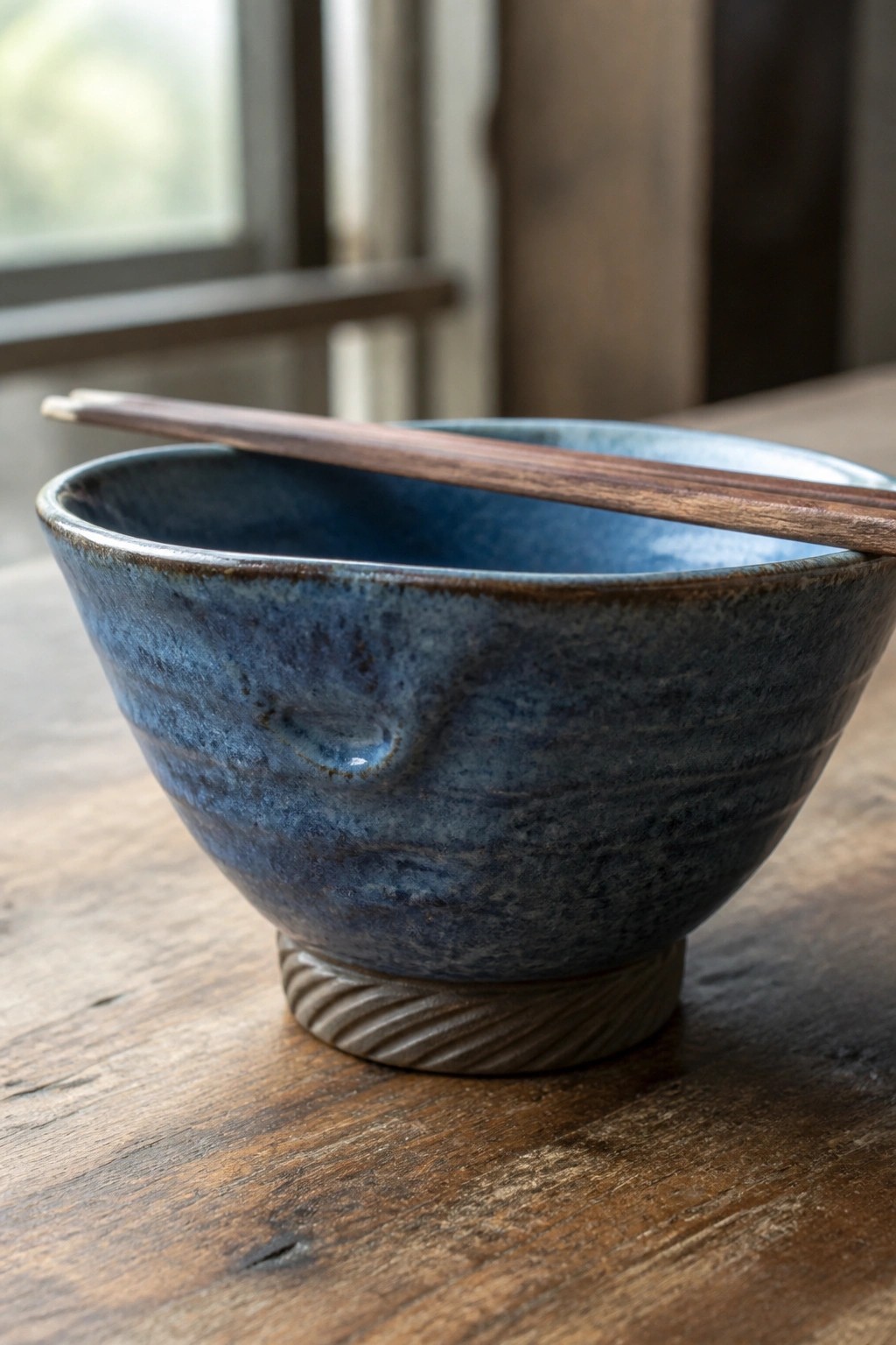 Blue ceramic bowl with wooden chopsticks resting on rim atop table