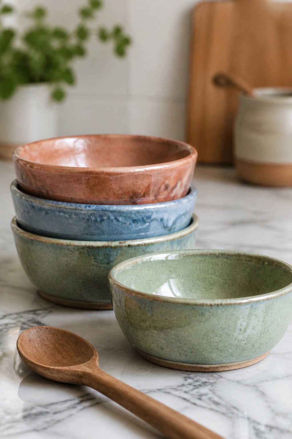 Stacked ceramic bowls in terracotta, blue, and green with wooden spoon on marble