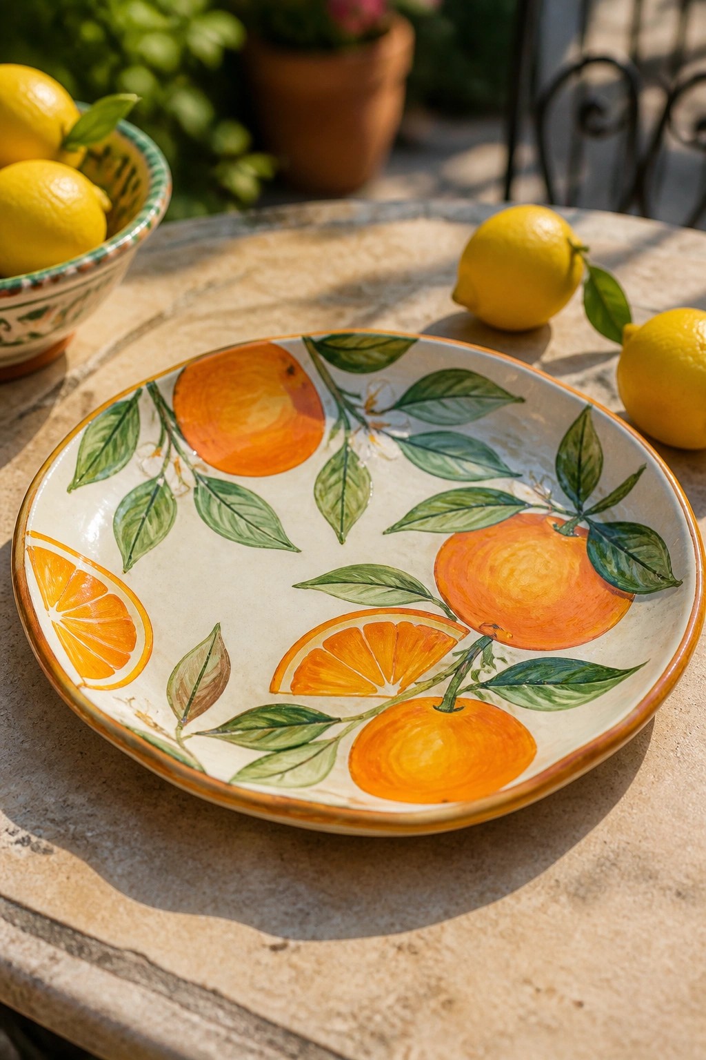 Colorful ceramic plate painted with oranges and leaves beside fresh lemons