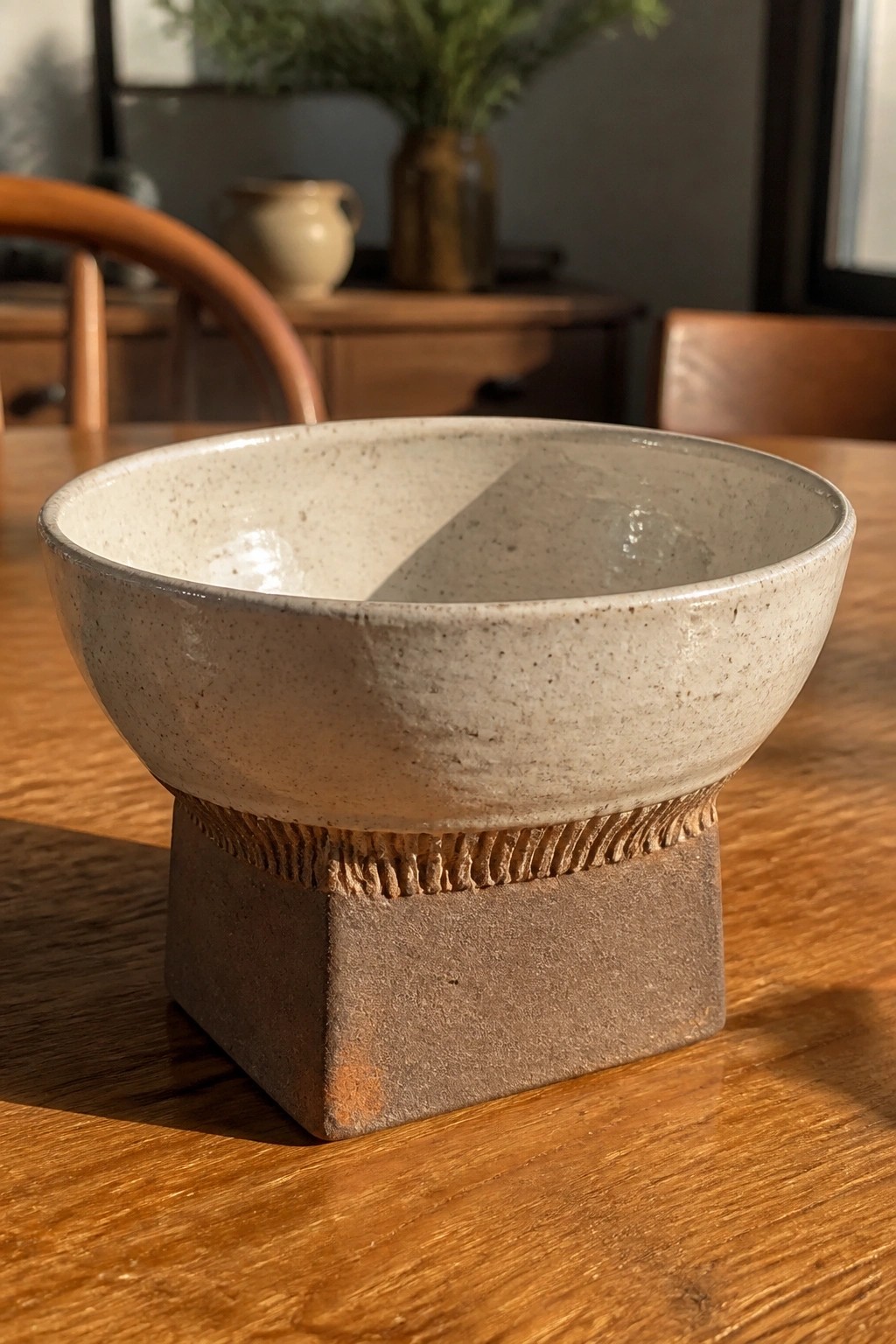 Speckled beige ceramic bowl with square pedestal base on sunlit wooden table