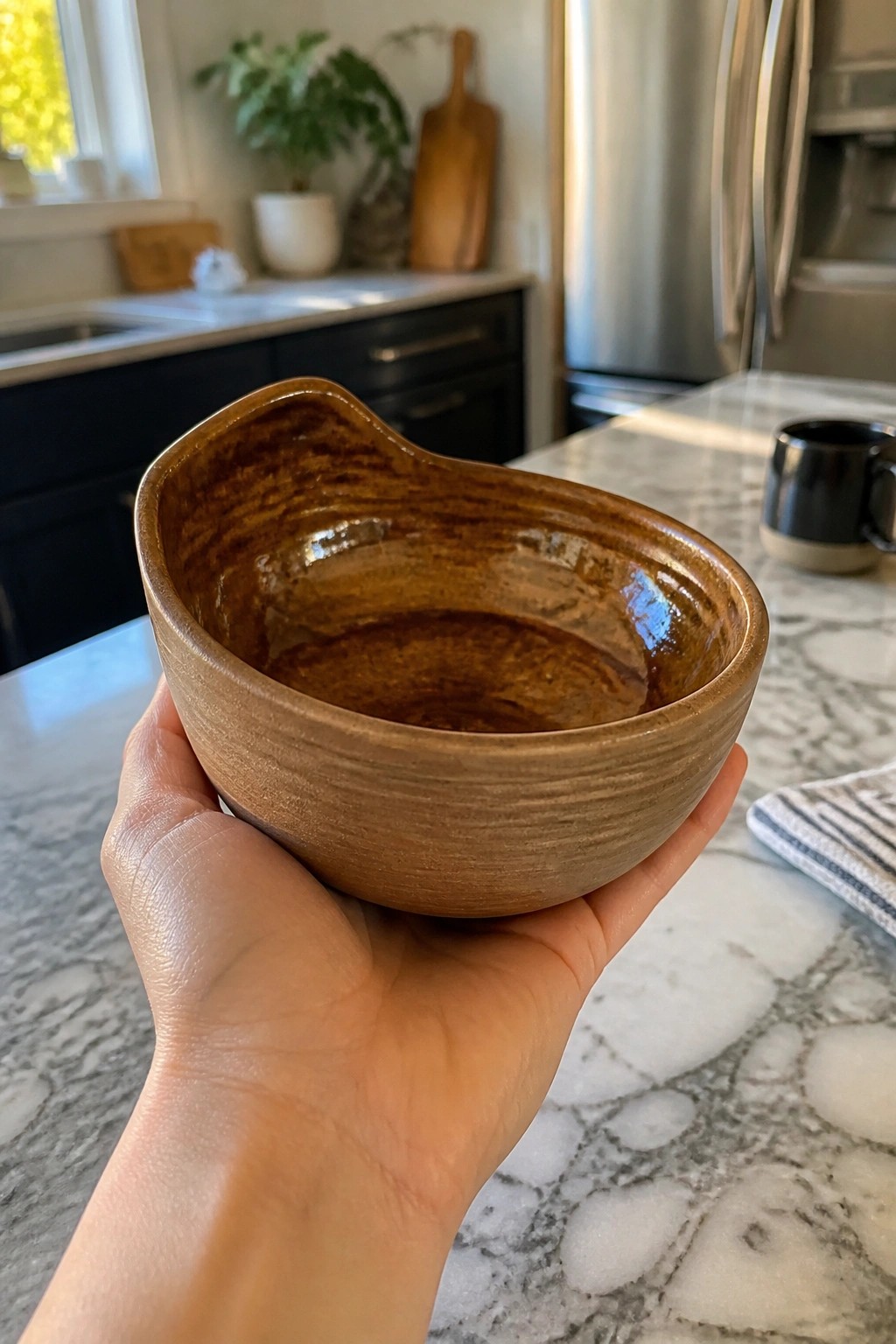 Hand holding a rustic brown ceramic bowl over a marble kitchen counter