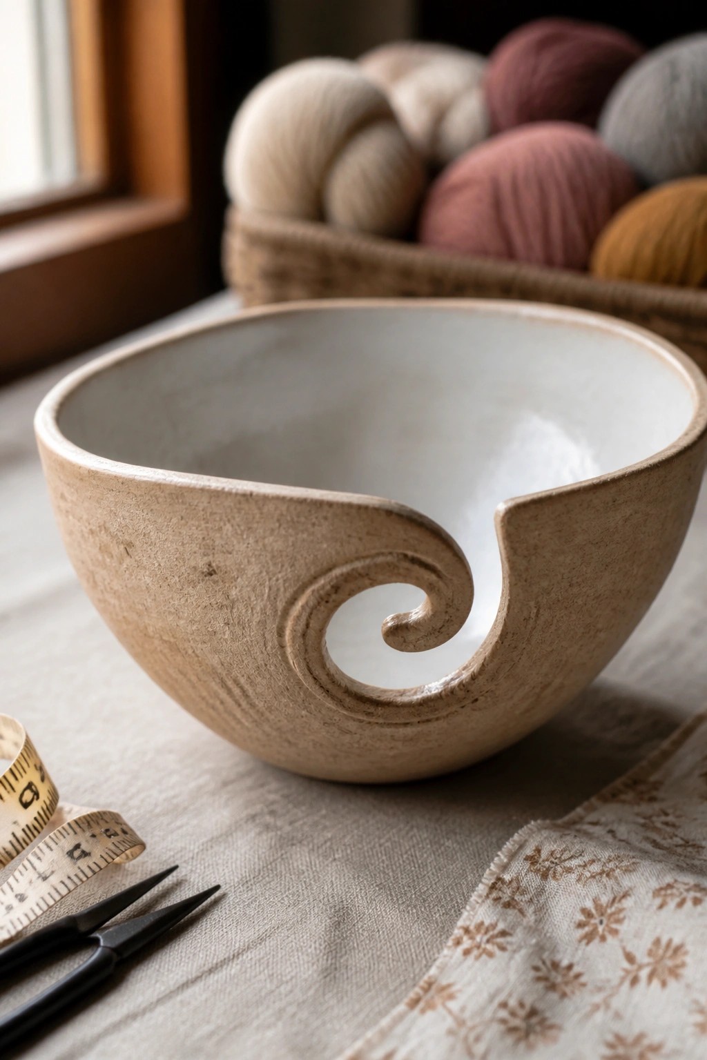 A beige ceramic bowl with a spiral cutout in the rim sits on a linen cloth next to a measuring tape and small tools, with a basket of yarn balls visible in the background.