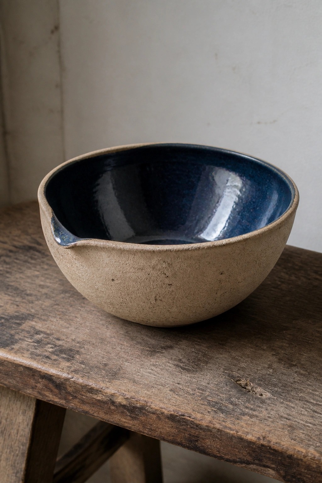 Beige textured ceramic bowl with blue glazed interior on rustic wooden table