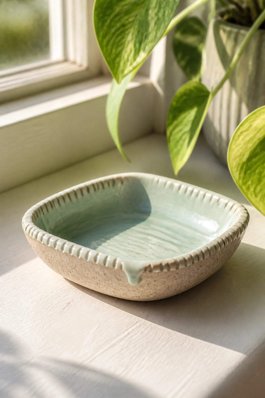 Light green ceramic bowl on sunny windowsill beside variegated plant leaves