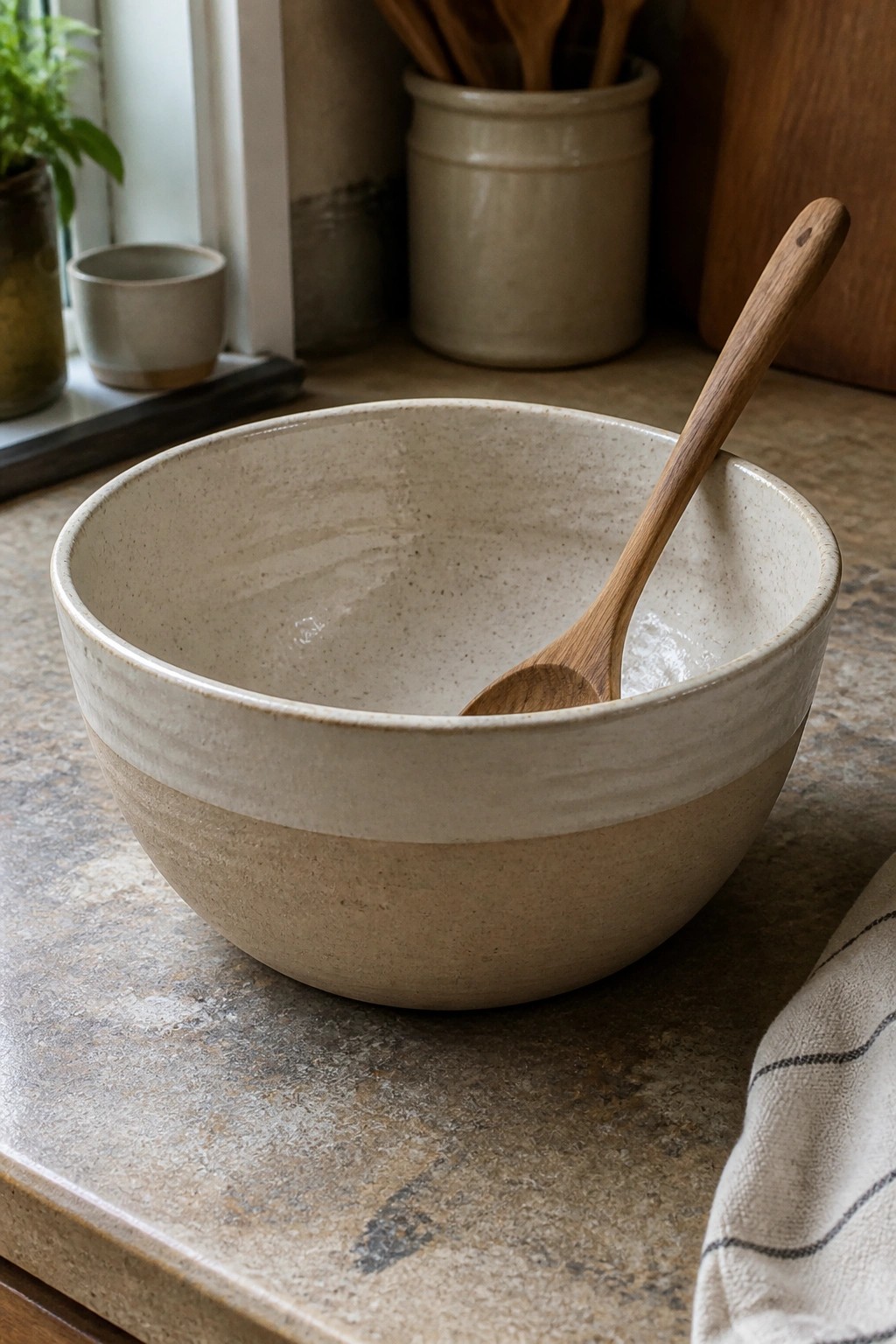 A large speckled ceramic bowl with a light horizontal band sits on a stone countertop with a wooden spoon inside.