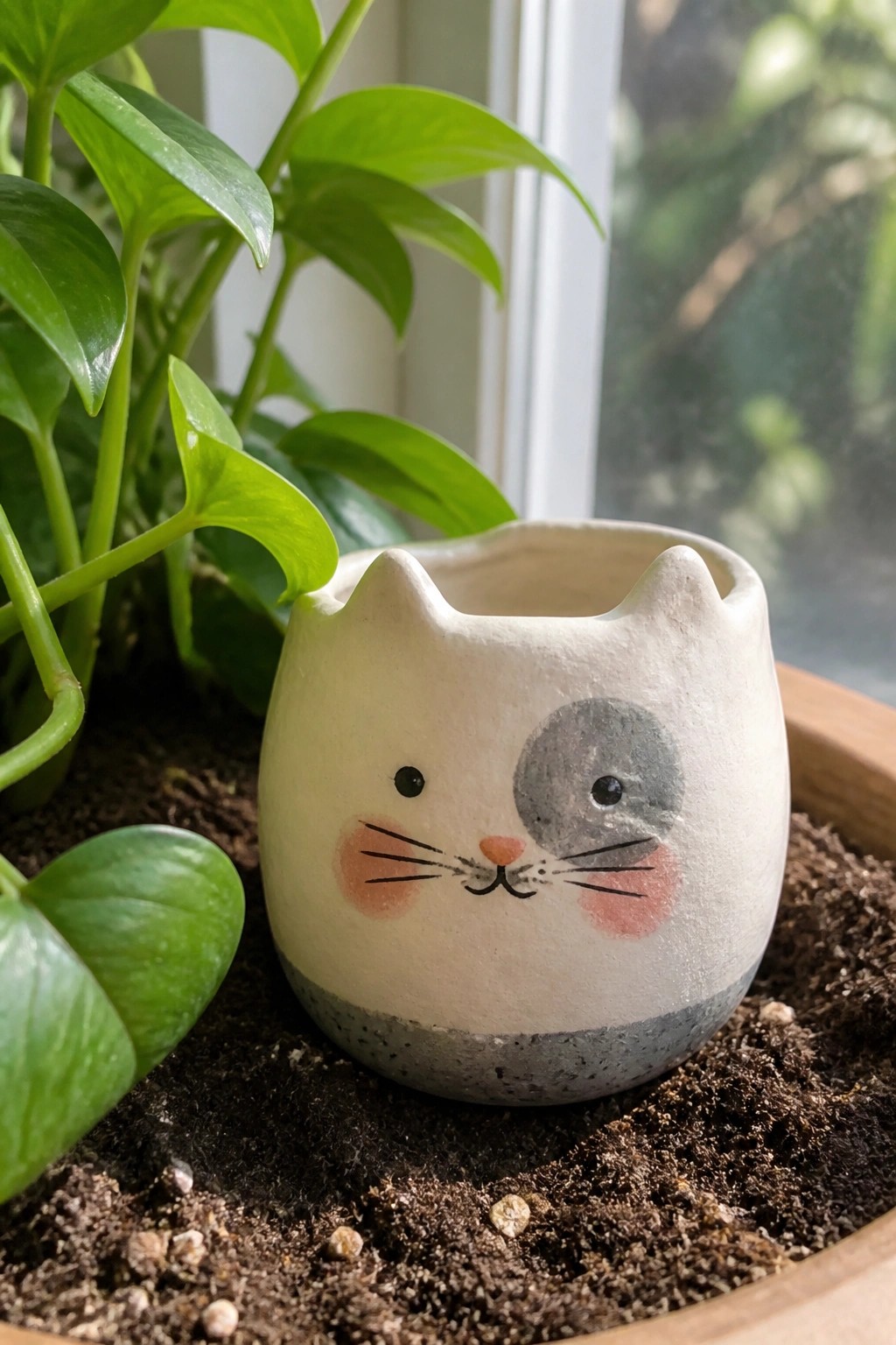 A small white clay pot shaped like a cat head with painted face details sits in soil next to green plant leaves.