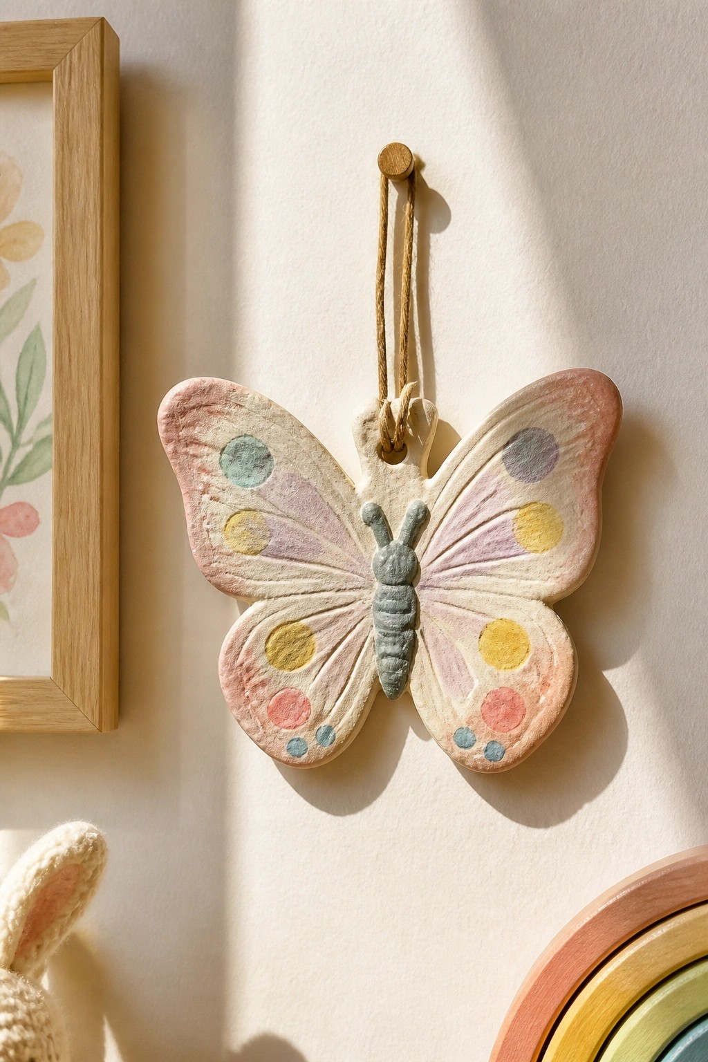 Pastel butterfly ornament with colorful polka dots hanging from wooden peg on wall