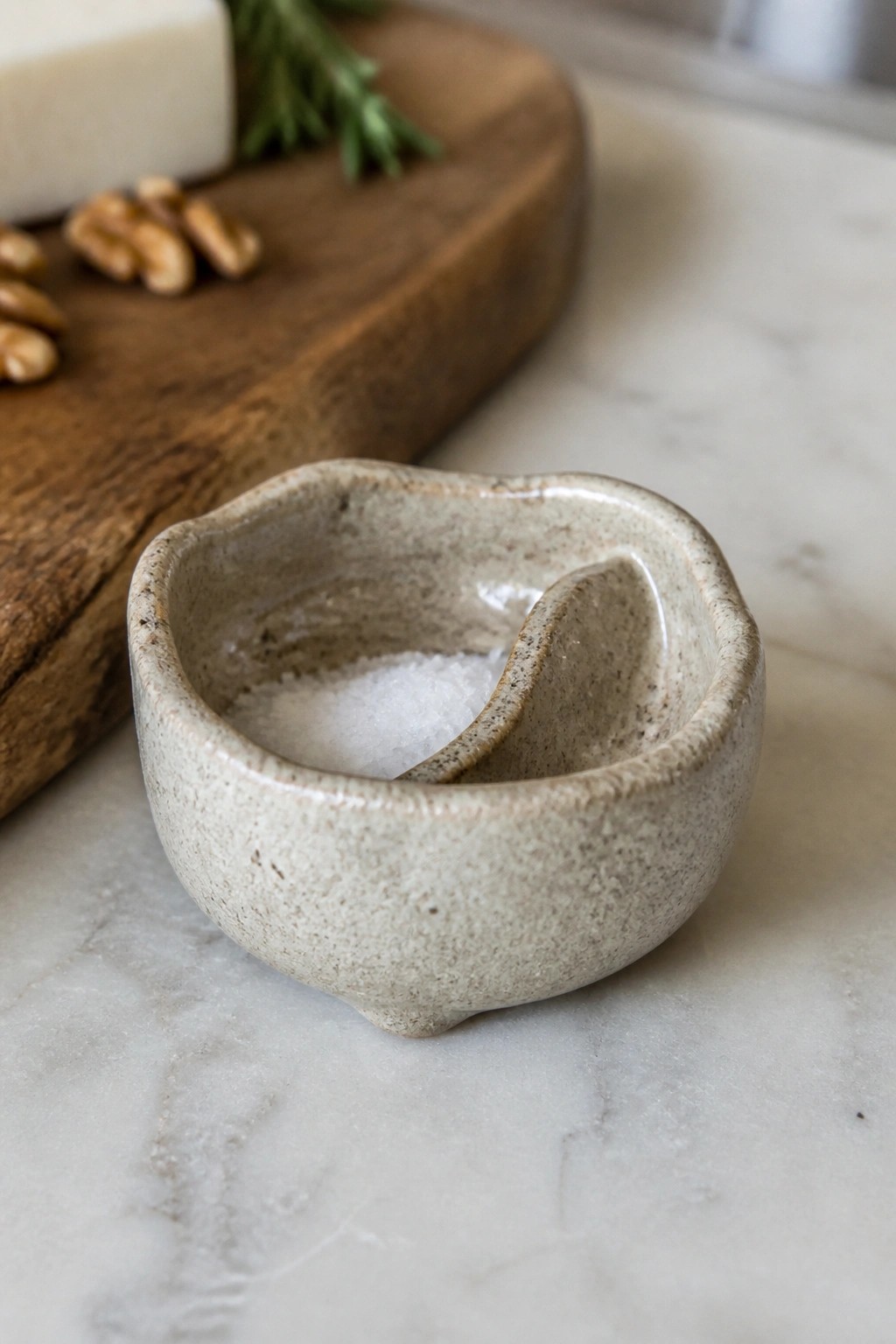 Small speckled ceramic bowl with salt on marble near wooden board with pecans