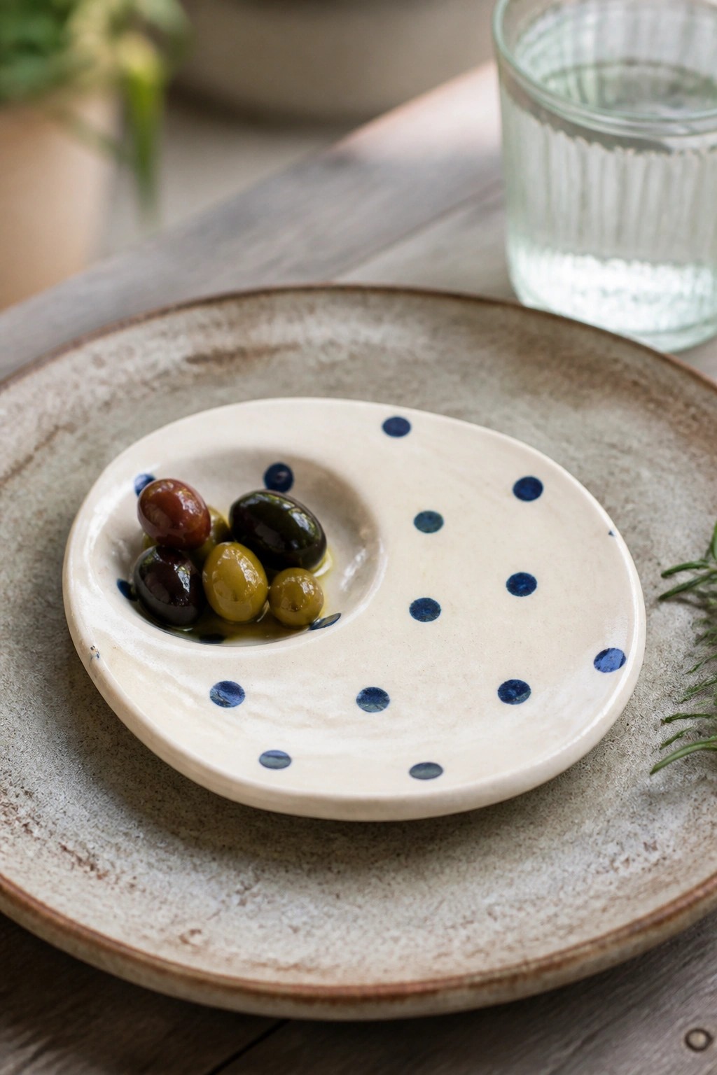 Rustic ceramic plate with blue polka dots holding mixed olives beside water glass