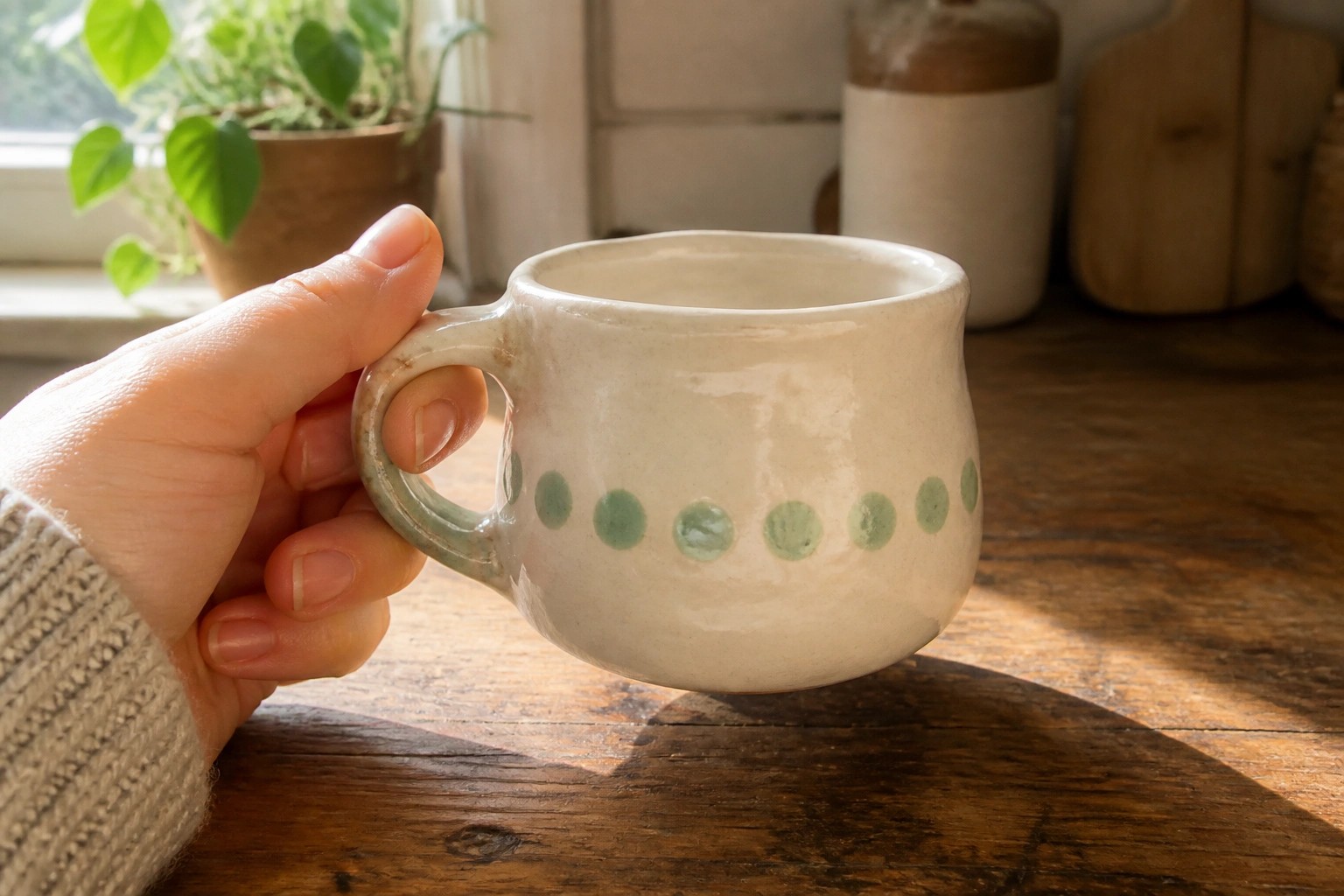Hand in cream knit sweater holding off-white ceramic mug with green dots