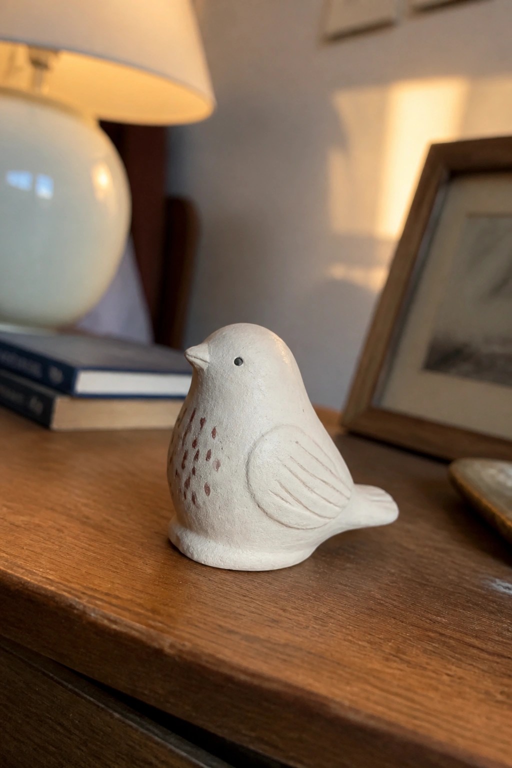 White ceramic bird figurine with brown speckles on wooden table near lamp