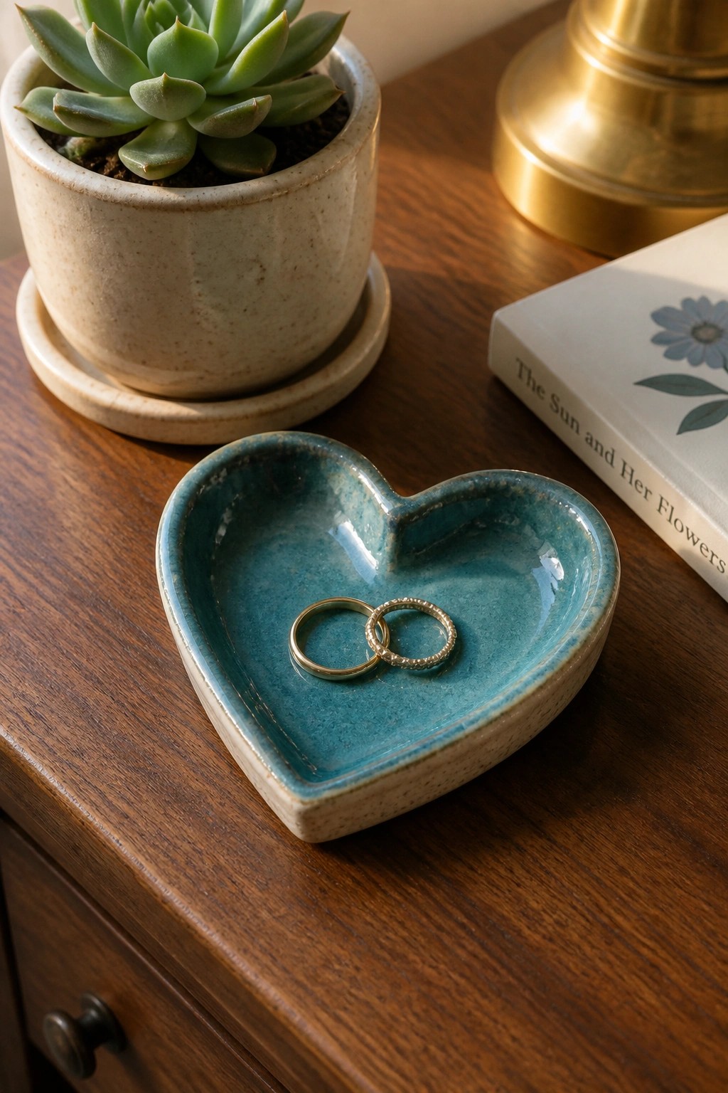 Teal heart-shaped ceramic bowl with two gold rings beside succulent and book on wood