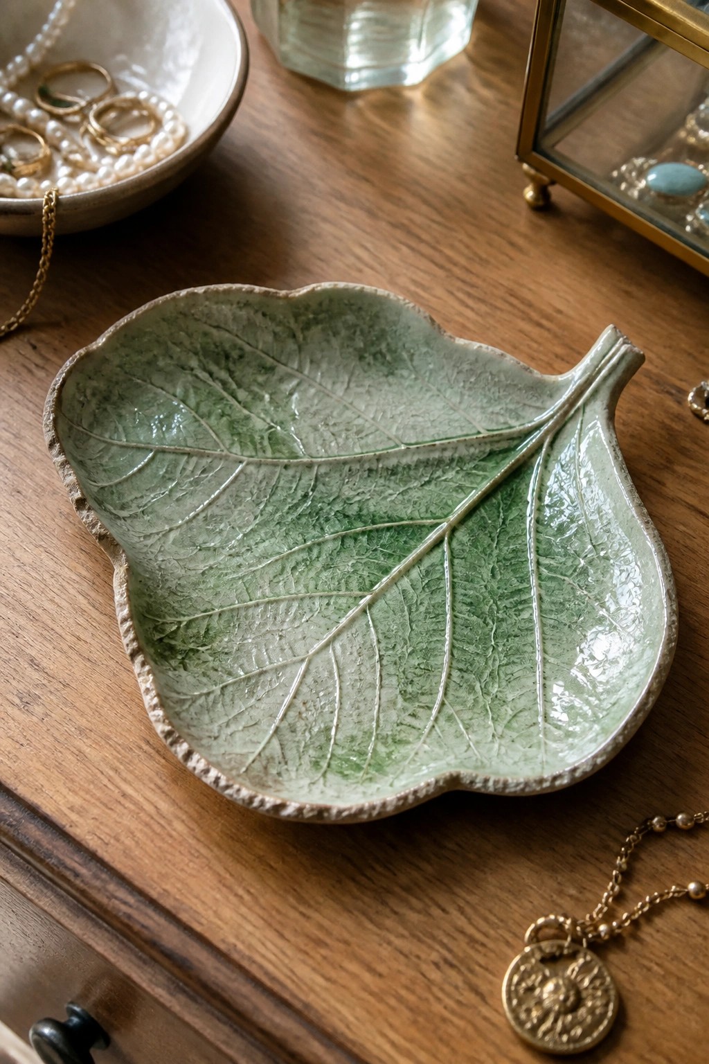 Green ceramic leaf-shaped dish on wooden table amid gold jewelry and pearls