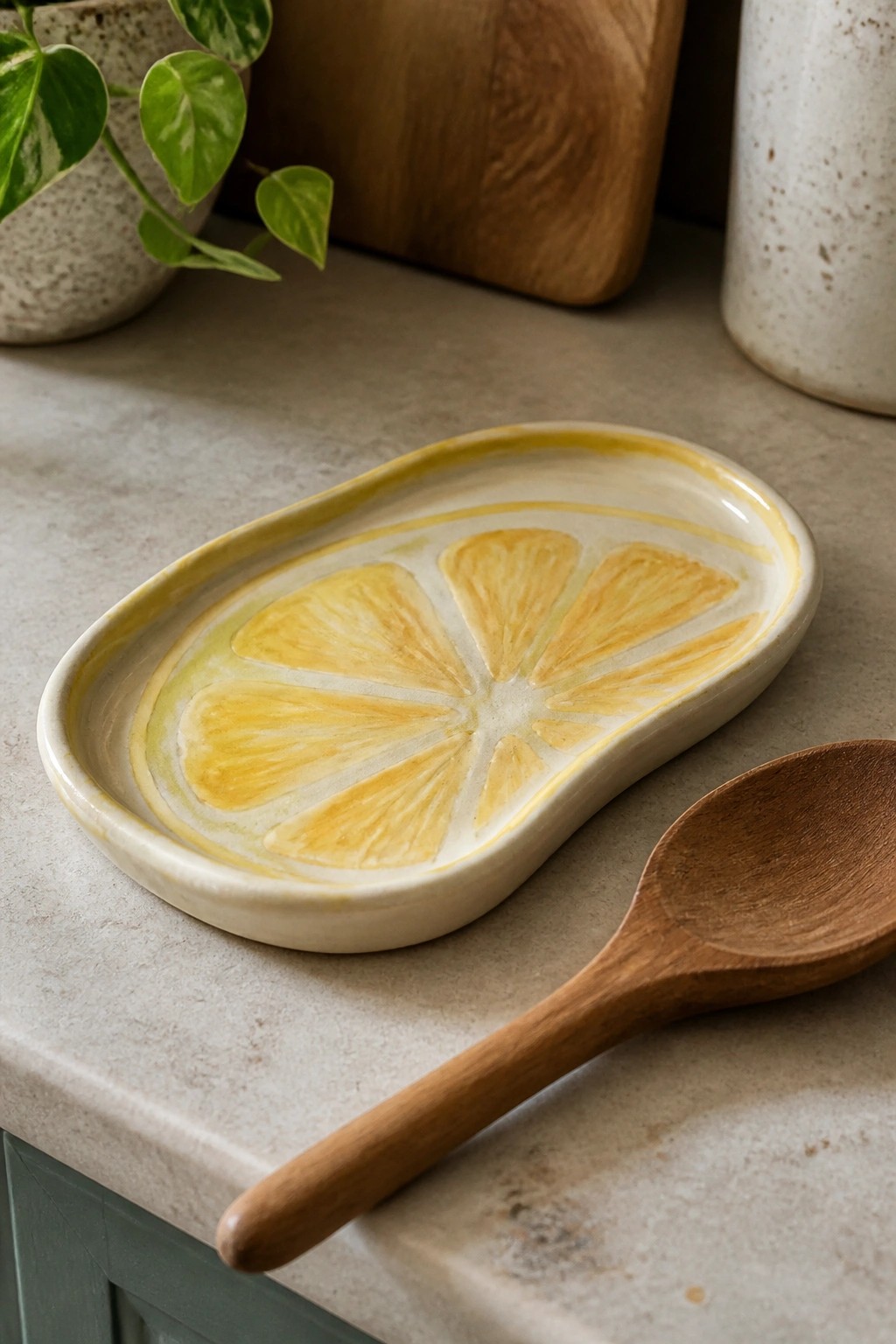 Ceramic oval plate with lemon slices beside wooden spoon on countertop