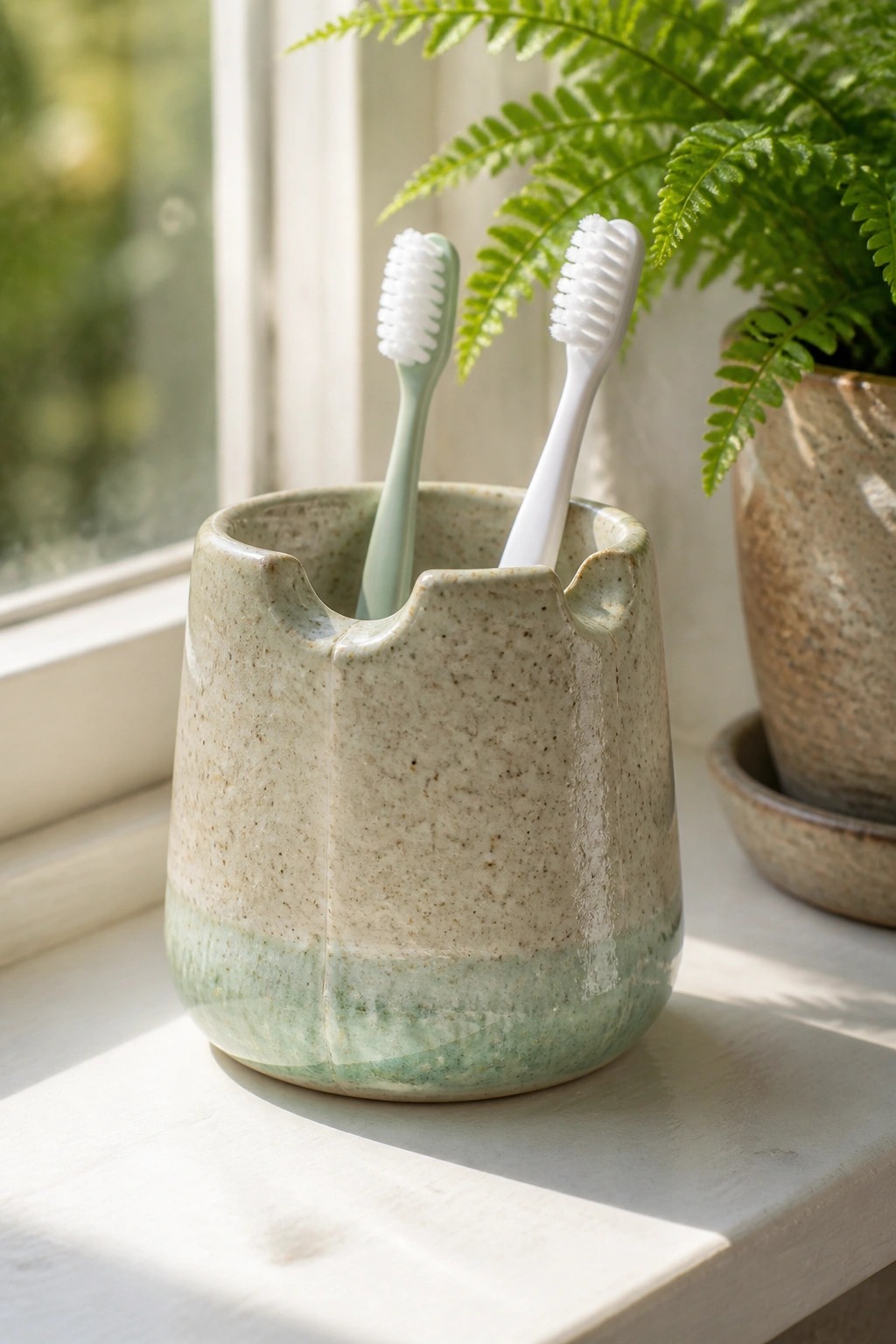 Two toothbrushes in a speckled ceramic holder on a sunlit windowsill beside a fern